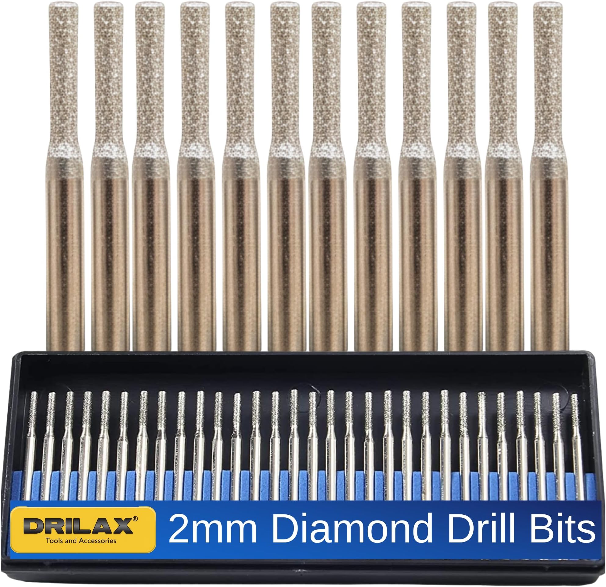 Drilax 30‑Piece 2mm Diamond Drill Bit Set – 1/8″ Shank Compatible with Dremel Tools for Glass, Sea Glass, Stone & Jewelry