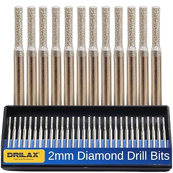 Drilax 30-Pc 2mm Diamond Drill Bit Set, 1/8" Shank for Dremel Rotary Tools, Glass, Sea Glass, Stone & Jewelry Making, Precision Lapidary Bits