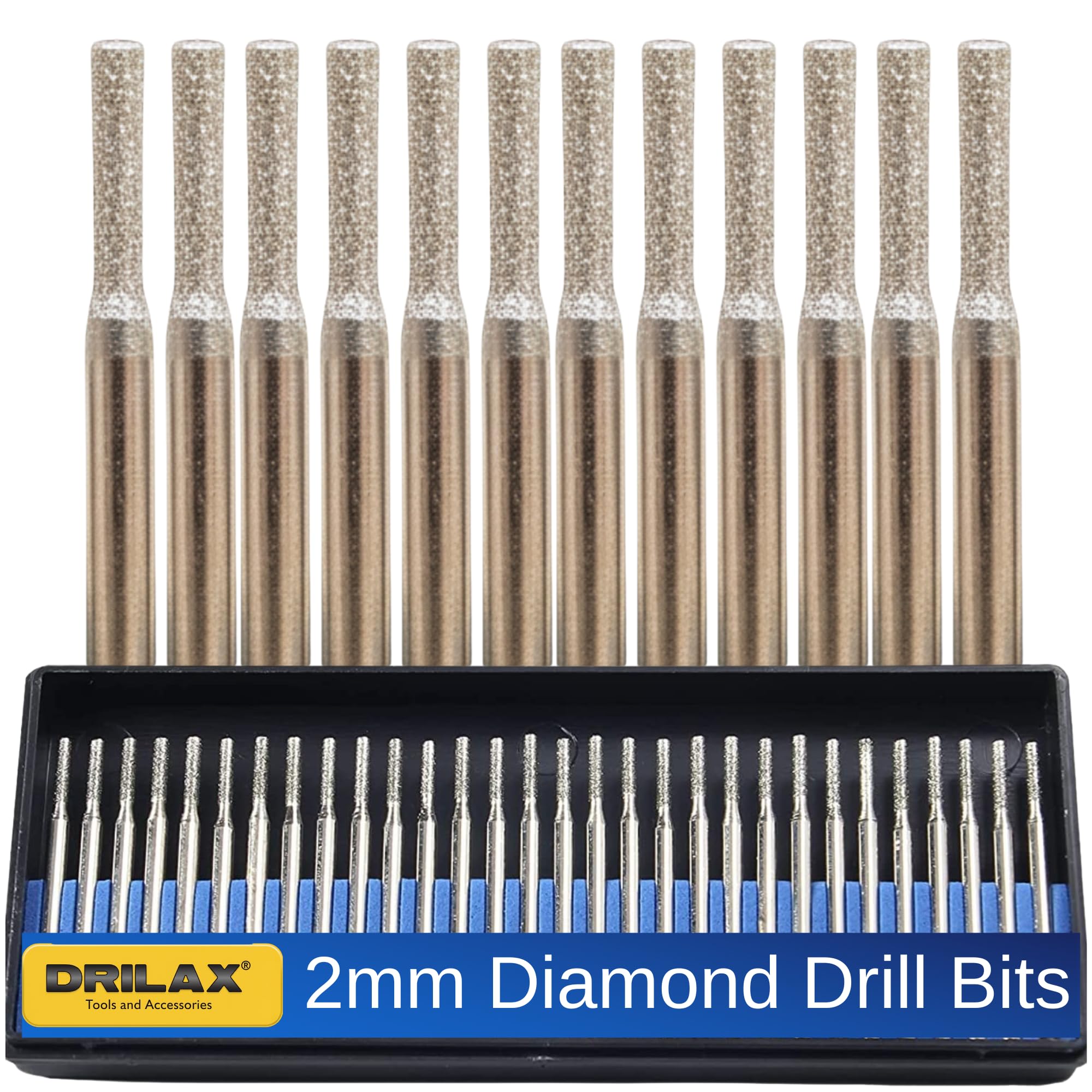 Drilax 30‑Piece 2mm Diamond Drill Bit Set – 1/8″ Shank Compatible with Dremel Tools for Glass, Sea Glass, Stone & Jewelry