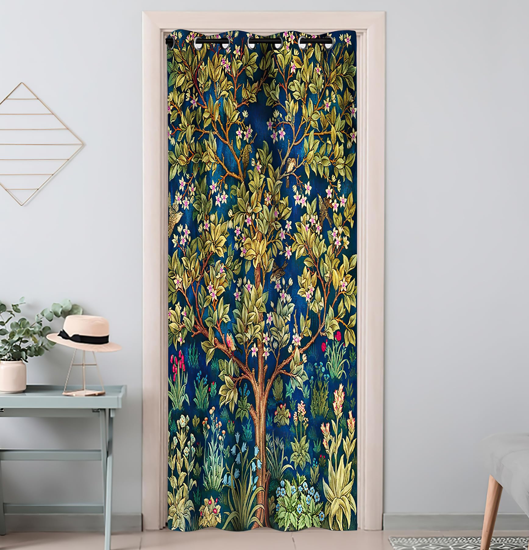 William Morris Floral Tree Doorway Curtains Privacy, Vintage Green Botanical Closet Door Curtain for Bedroom, Room Darkening Thermal Insulated Curtain