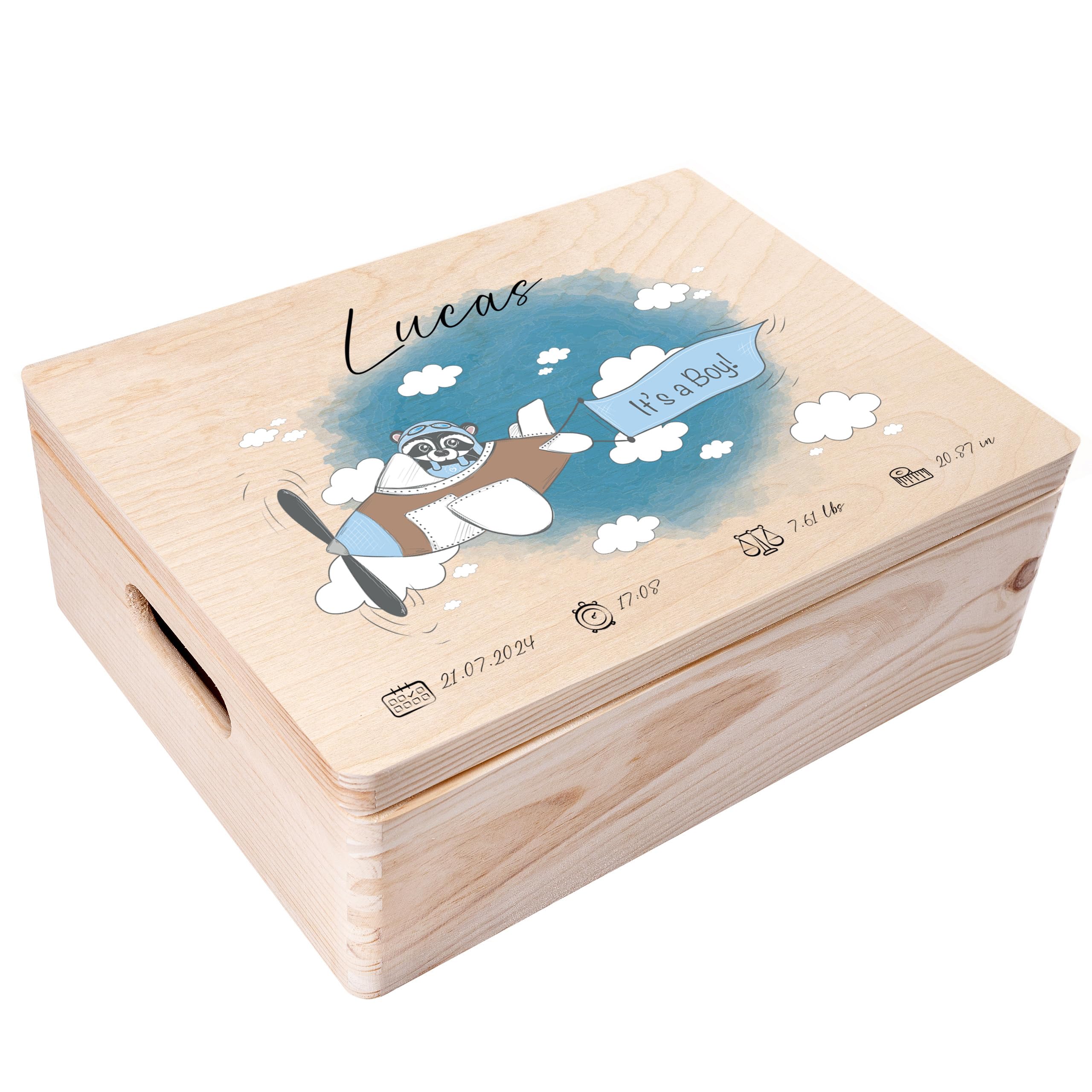 Creative Deco Personalised Baby Memory Box - Raccoon Boy | Custom Keepsake Boxes | Unique Gift for Newborn Boy or Girl | Customised Wooden Storage Box with Hinged Lid | UV Print — image 1
