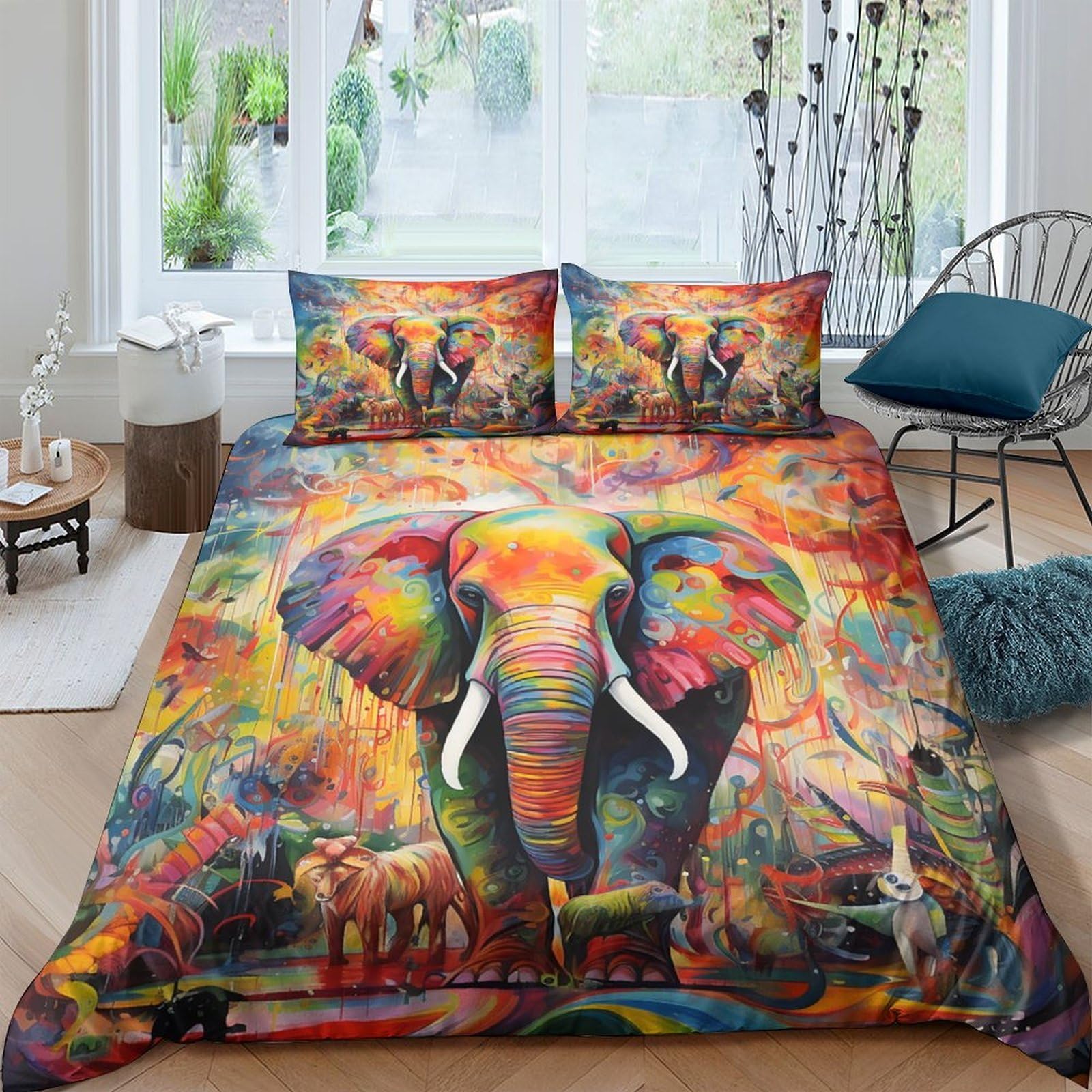 Ctjqhvkz Style-8 3D Printed Colorful Elephant Fitted Sheet Microfiber Artistic Animal Bed Sheet For Bedroom Dorm Protection Decor Single（135X200cm）