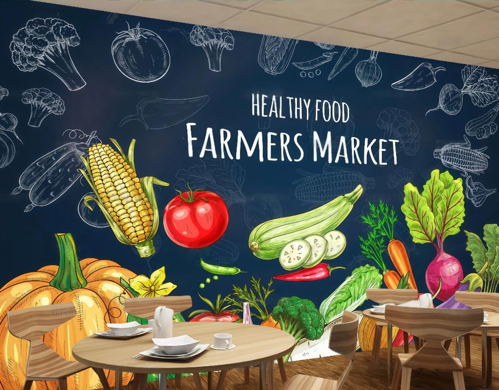 rskjdghshd Wallpaper Blackboard Hand-Painted Creative Vegetable and Fruit Shop Restaurant Background Wall Western Restaurant Wallpaper Cafe Mural,3D,300x210cm