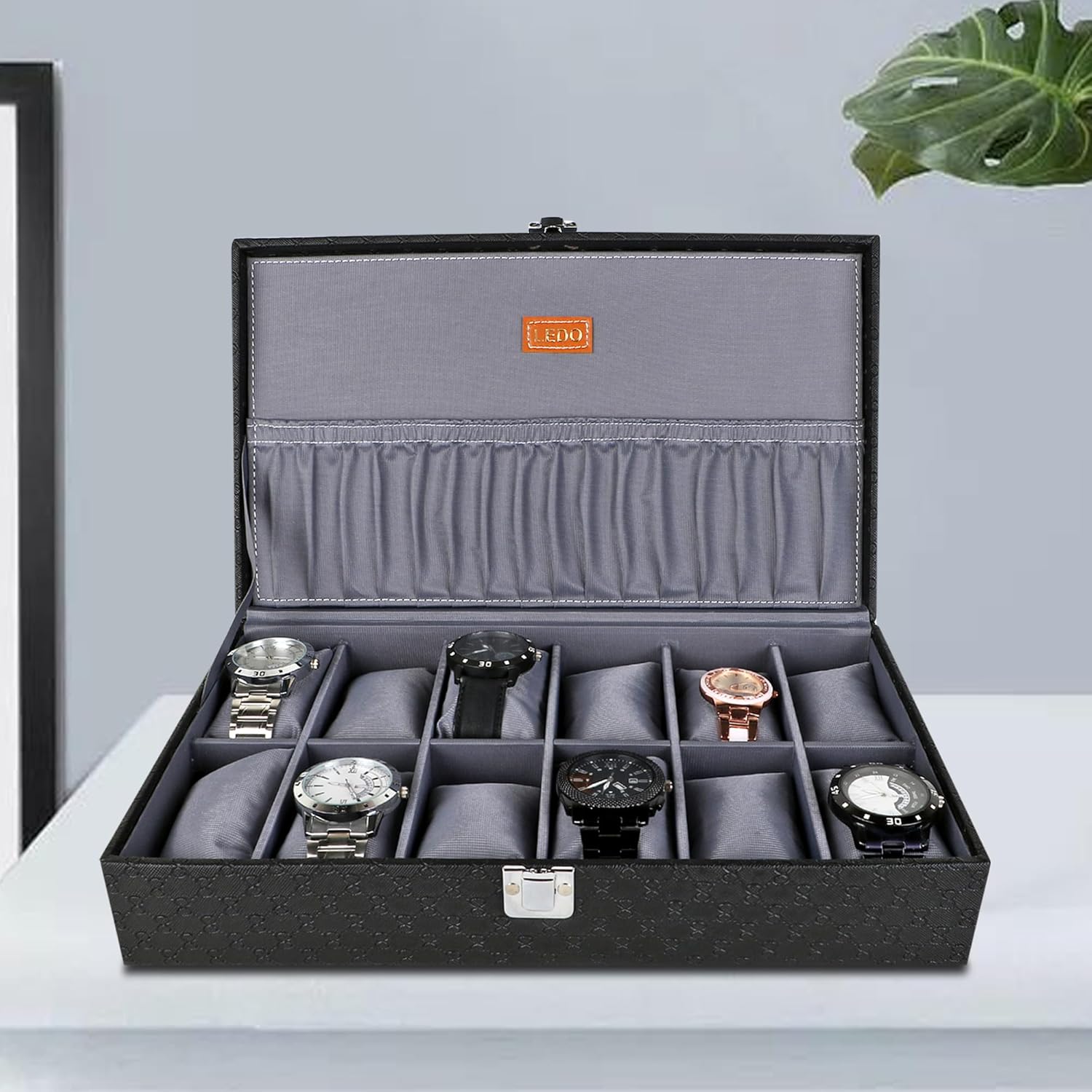 LEDO Men’s and Women’s Watch Box Organizer Case In 12 Slots of watches In Black color with Gray Velvet