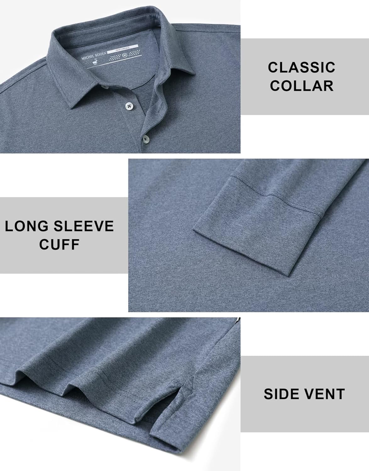 MICHEL ROUEN Mens Golf Shirts with Collard Dry fit Performance Heather Casual Activewear Long Sleeve Golf Polo Shirts for Men