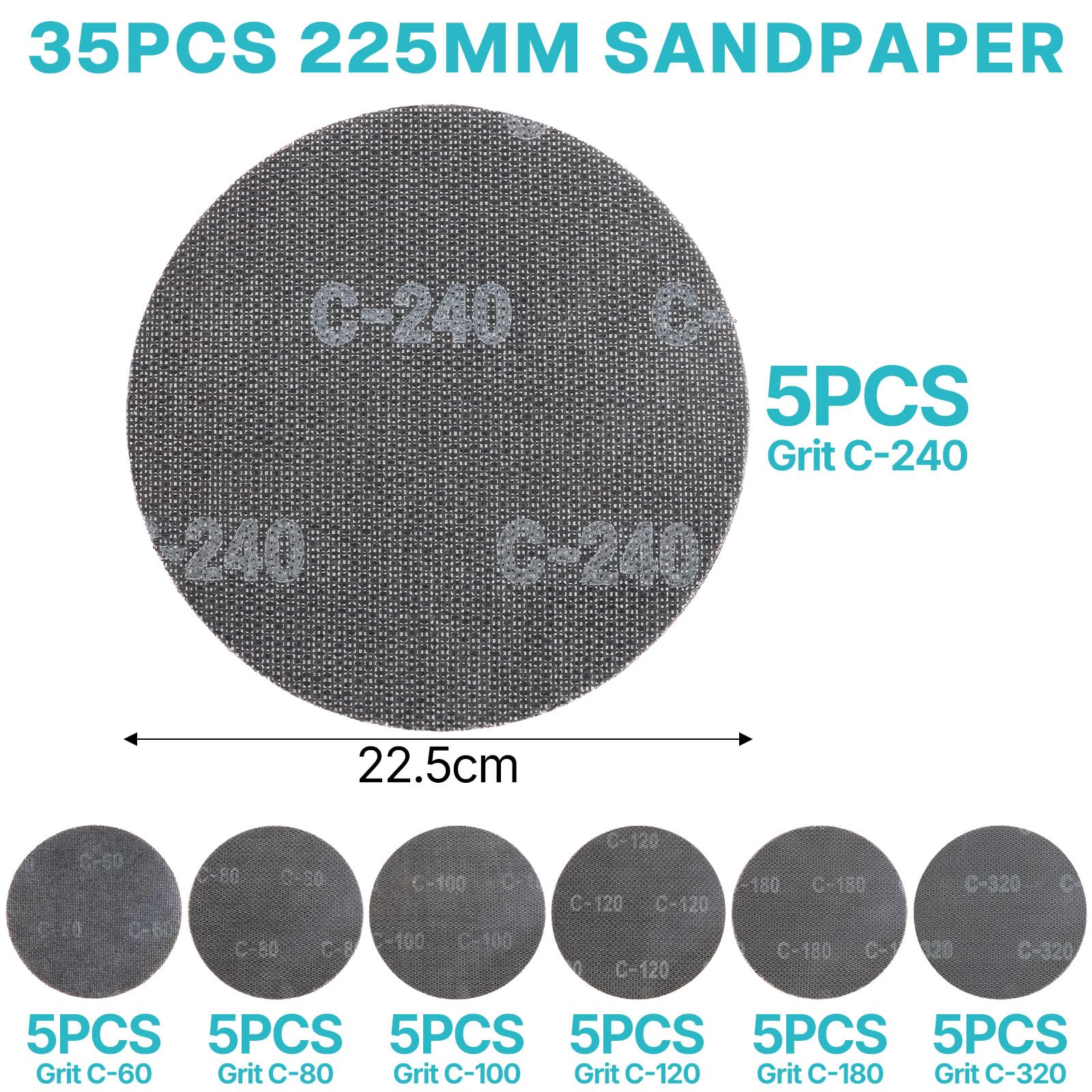 35 Pièces Ø 225 mm Treillis Feuilles Abrasive, 60/80/100/120/180/240/320 Grain, Autoadhésifs Grains, Papier Abrasif pour Rond Ponceuse Excentrique