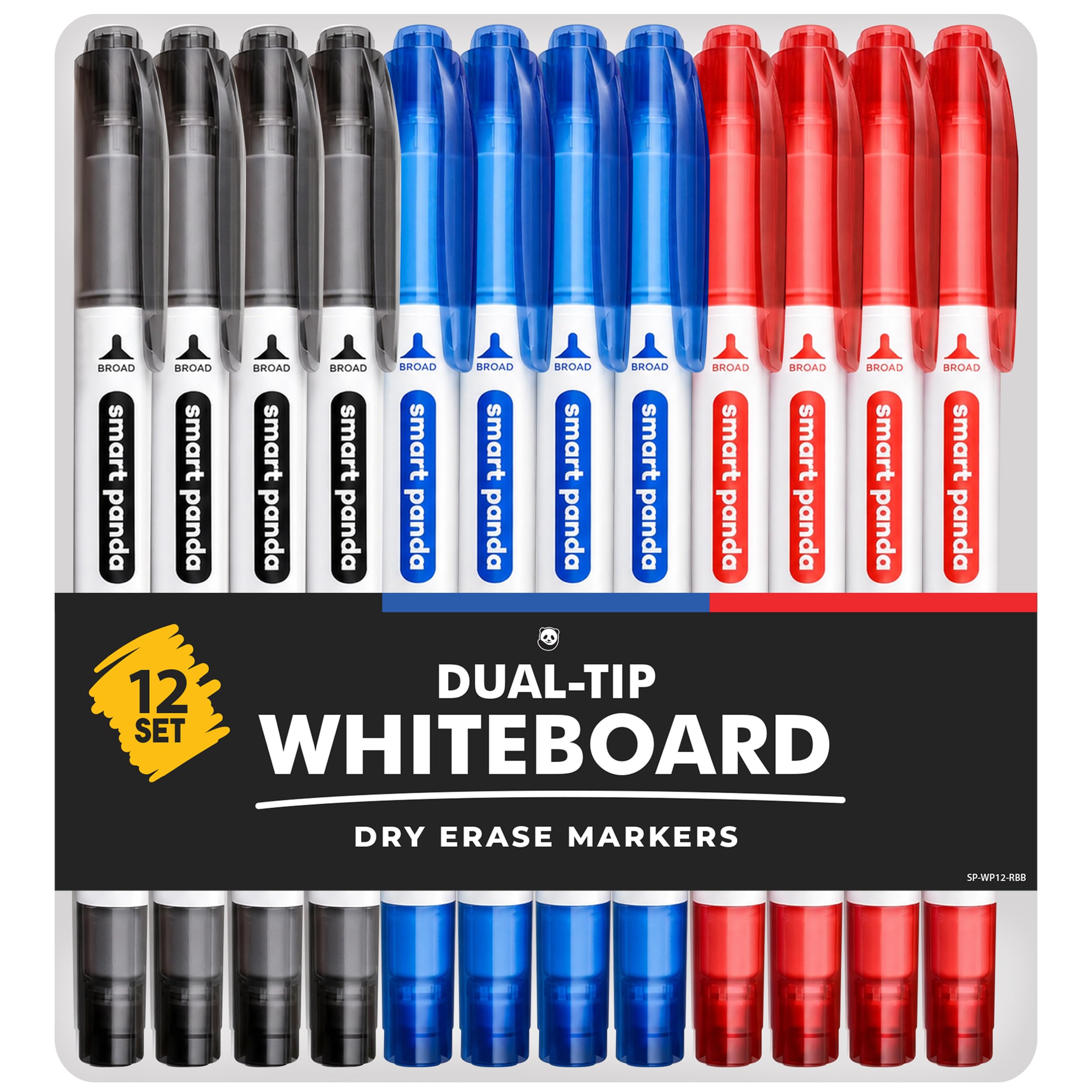 Smart Panda 12 Whiteboard Pens Dual Tip, Erasable Markers, Red, Blue, Black