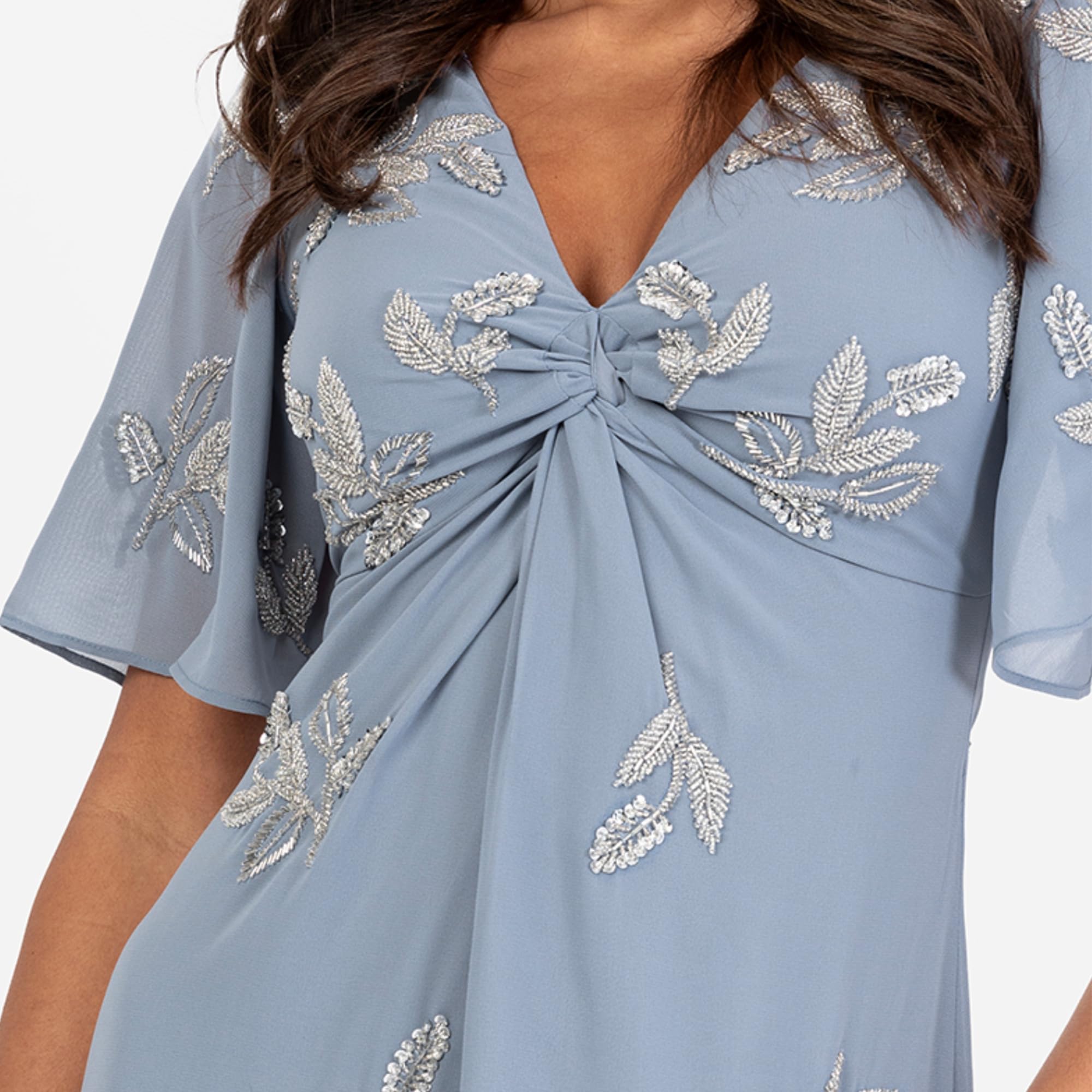 Women's Maxi Dress Ladies V-Neck Angel Sleeve Floral Bead Embellished Knot Front A-Line Bridesmaid Wedding Guest Prom