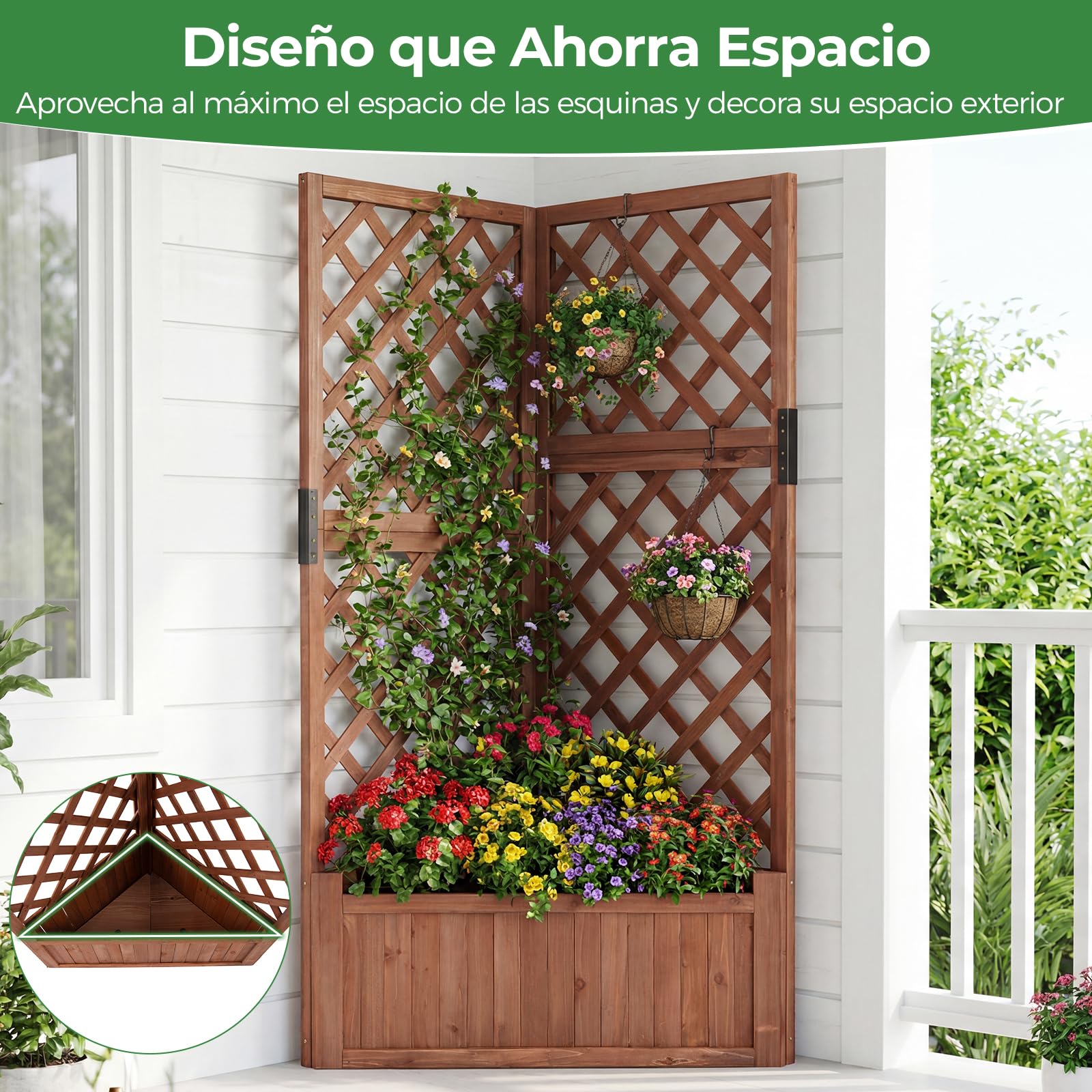 GOPLUS Jardineras con Enrejado Angular de Madera, Cama Elevada de Jardín, Orificios de Drenaje, para Flores Verduras Plantas Trepadoras, Macetero Exterior para Patio Jardín, 55 x 55 x 140 cm (Marrón)