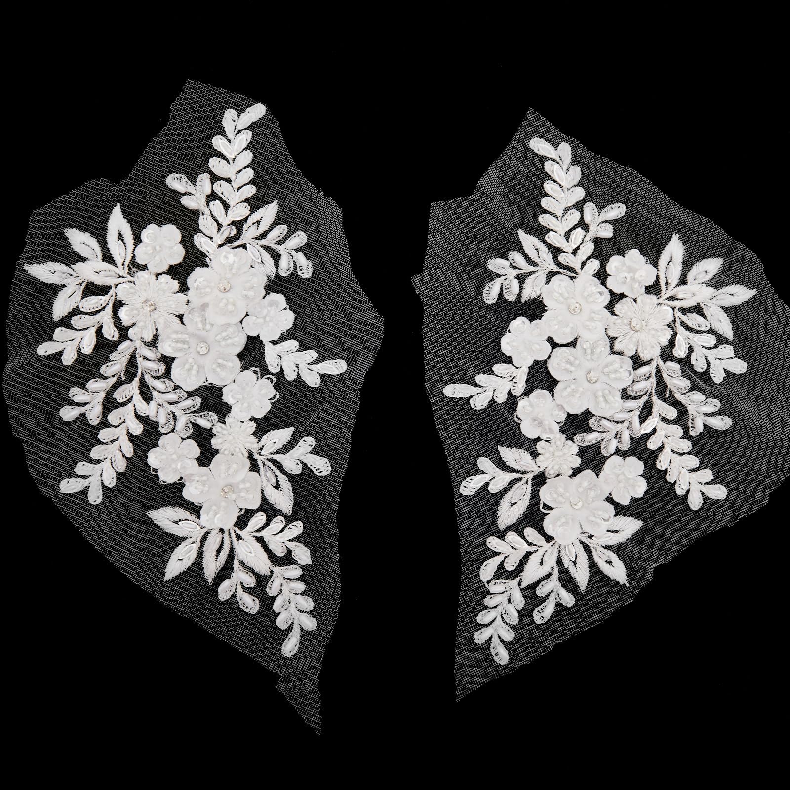 2 Fleurs En Dentelle Brodée Noire 3D - Appliques à Coudre Pour Robe, Déco, Artisanat - 13.7x40.1 Cm