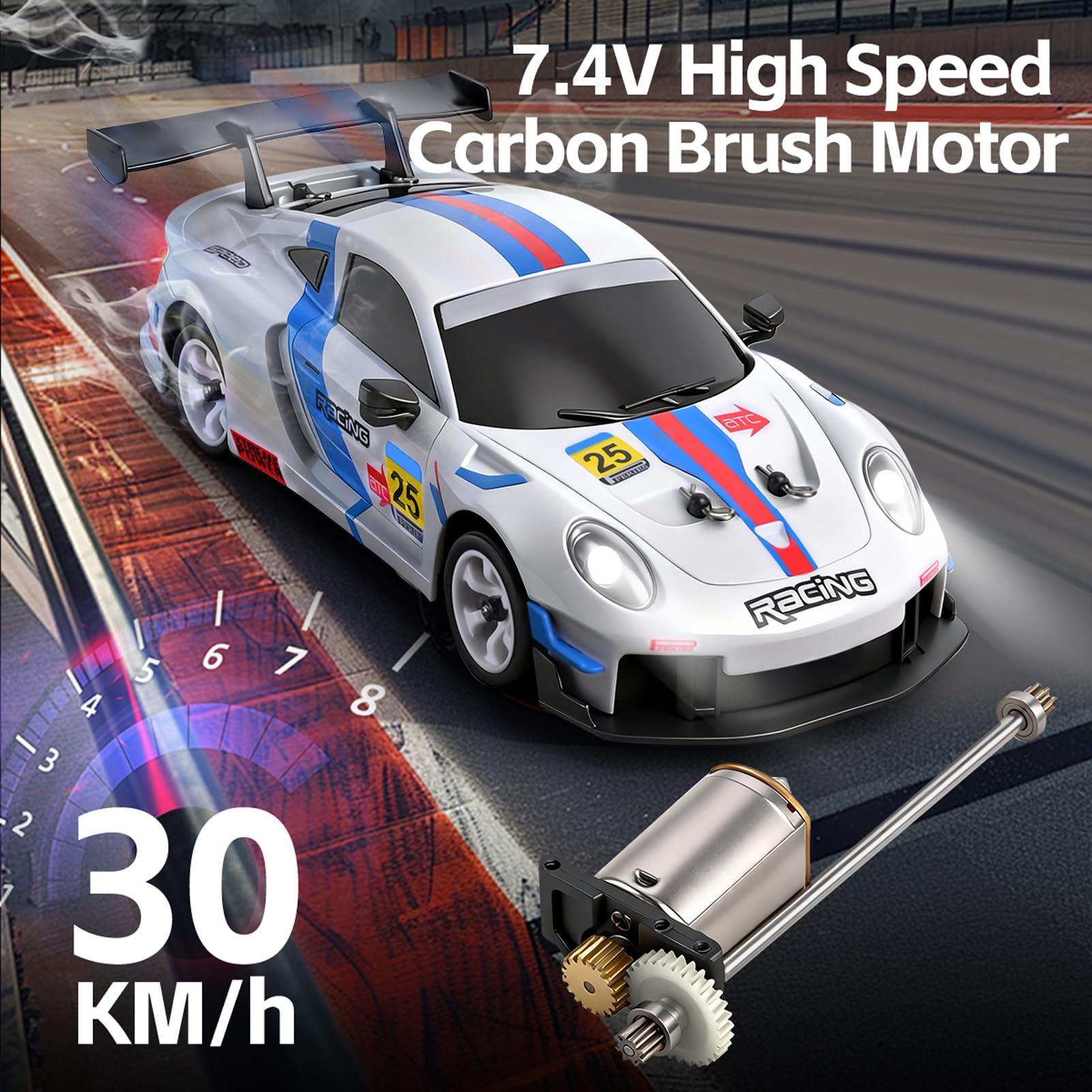 Drift Auto 1:28 30 km/h RC Drift Car napęd na wszystkie koła z fajnymi lampami LED, zdalnie sterowany samochód zdalnie sterowany do różnych terenów