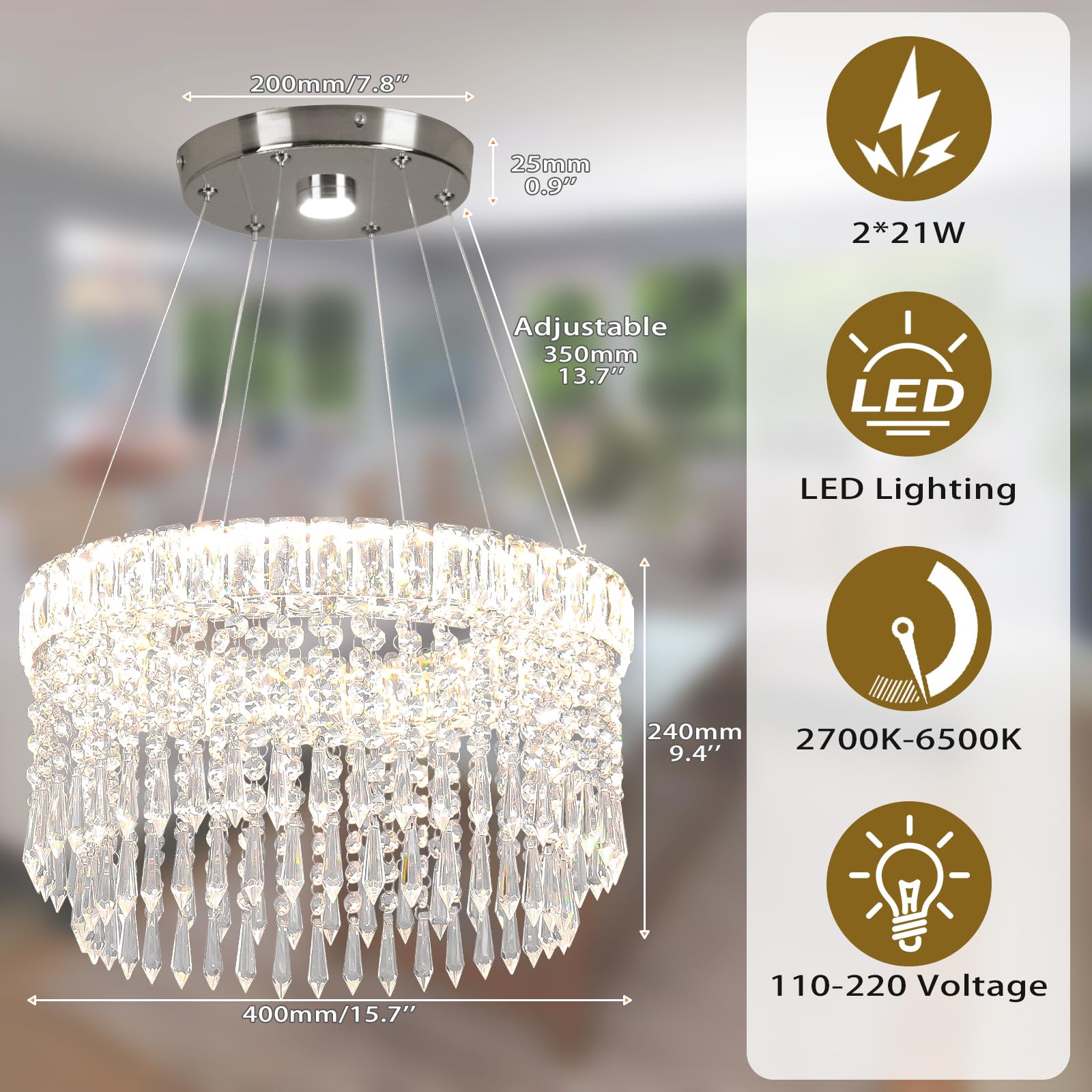 Lampadari moderni di cristallo Lampadario di lusso a goccia 45cm sospensione con montaggio ad incasso Illuminazione lampadario a soffitto per sala da pranzo soggiorno cucina isola