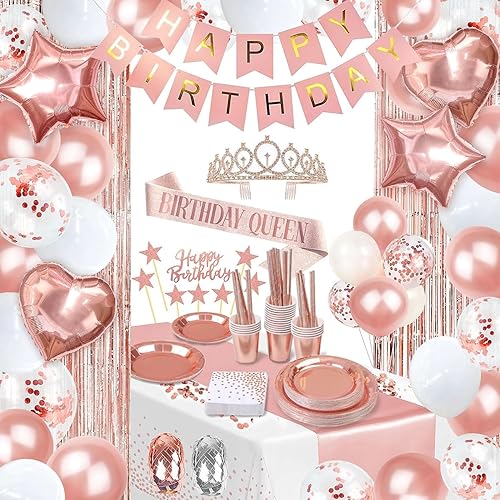 Party spot! 253 decoraciones de cumpleaños para mujer, decoraciones de fiesta de oro rosa, decoraciones de feliz cumpleaños, kit de soporte para
