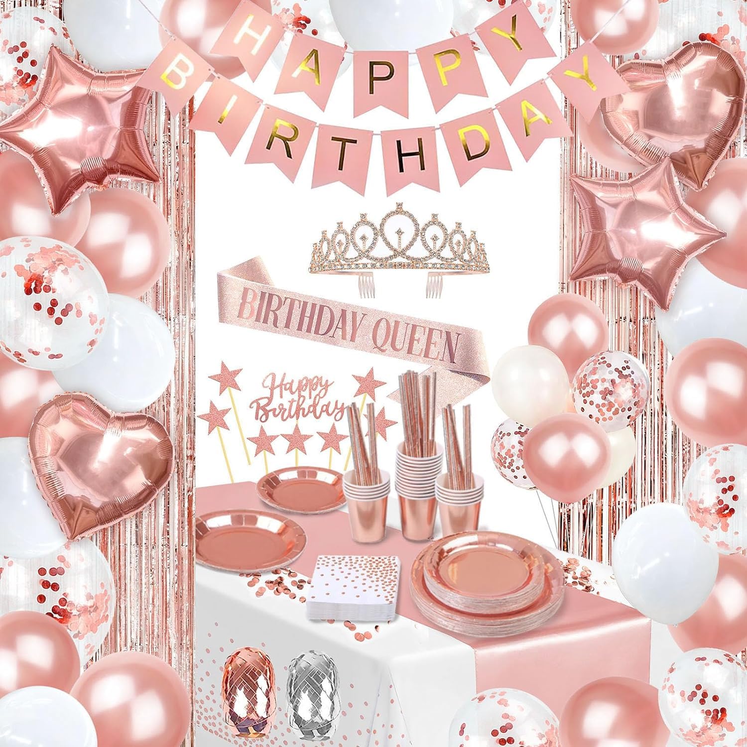 Party spot! 253 Pcs Birthday Decorations For Women, Rose Gold Party Decorations, Happy Birthday Decorations - Balloon Stand Kit, Tableware Kit,Pump,