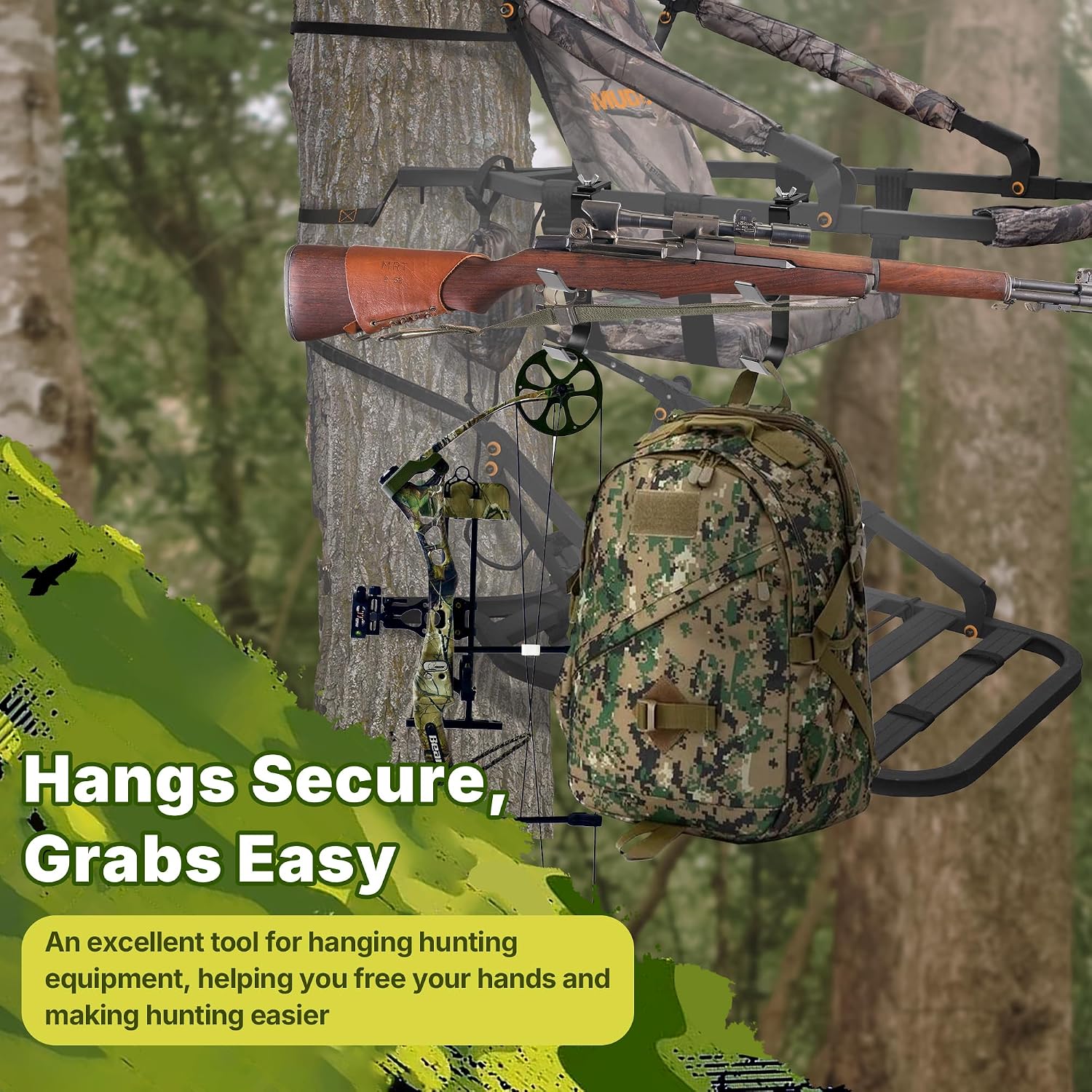 Metal Hunting Holder for Tree Stand Seat Hooks Hangers Portable, Adjustable from 0.8" to 1.6" Treestand Accessories for Hunting Bow Holder with Double Hook image 4