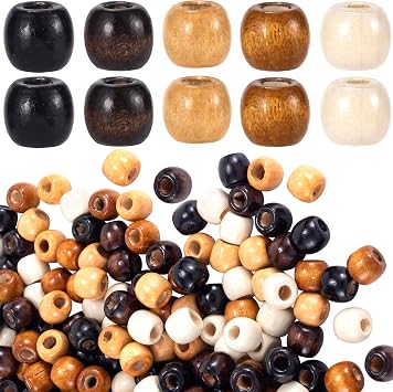 100pcs Large Hole Wooden Beads, Vintage Round Hair Beads for Braids, Wood Necklace Bracelet Spacers Jewelry Making Supplies for Crafts- 5 Colors
