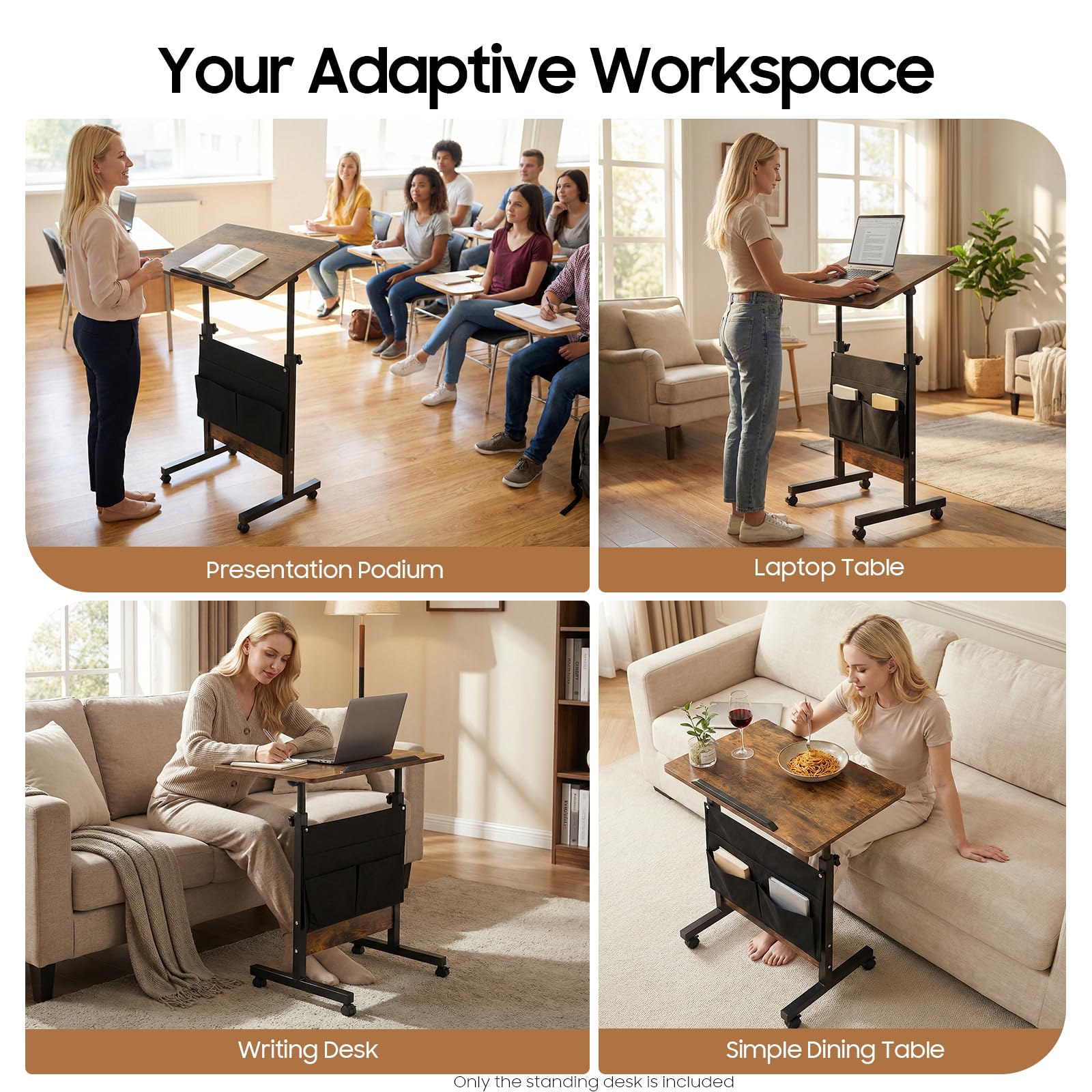 Mobile Standing Desk Portable Laptop Desk with Adjustable Height and Storage Bag Rolling Computer Stand for Office Living — view 3