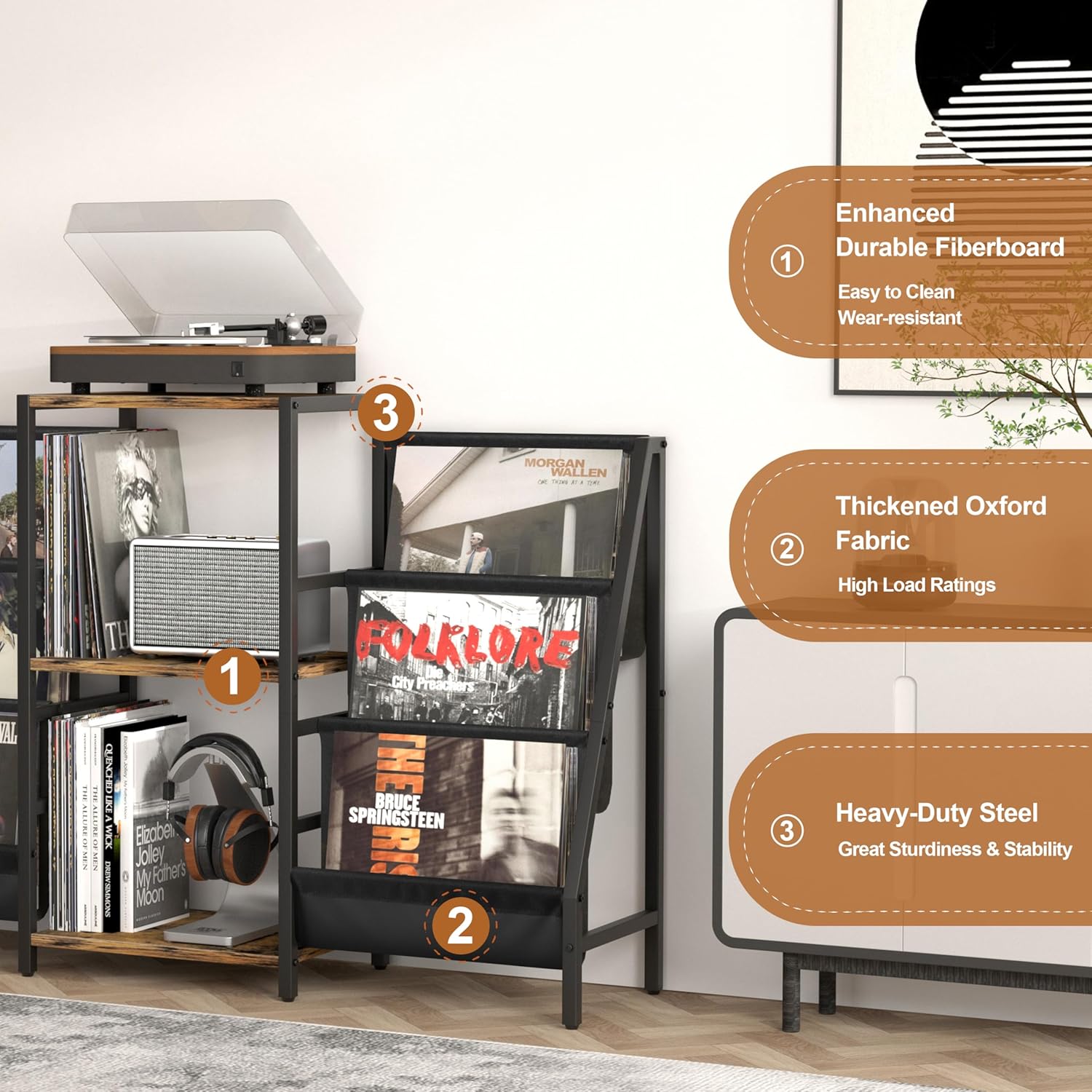 Record Player Stand with Vinyl Storage, Record Player Table with Vinyl Record Storage Up to 280 Albums, Turnta ble Stand with Record Holder Display Shelf, Record Cabinet for Media Stereo Audio