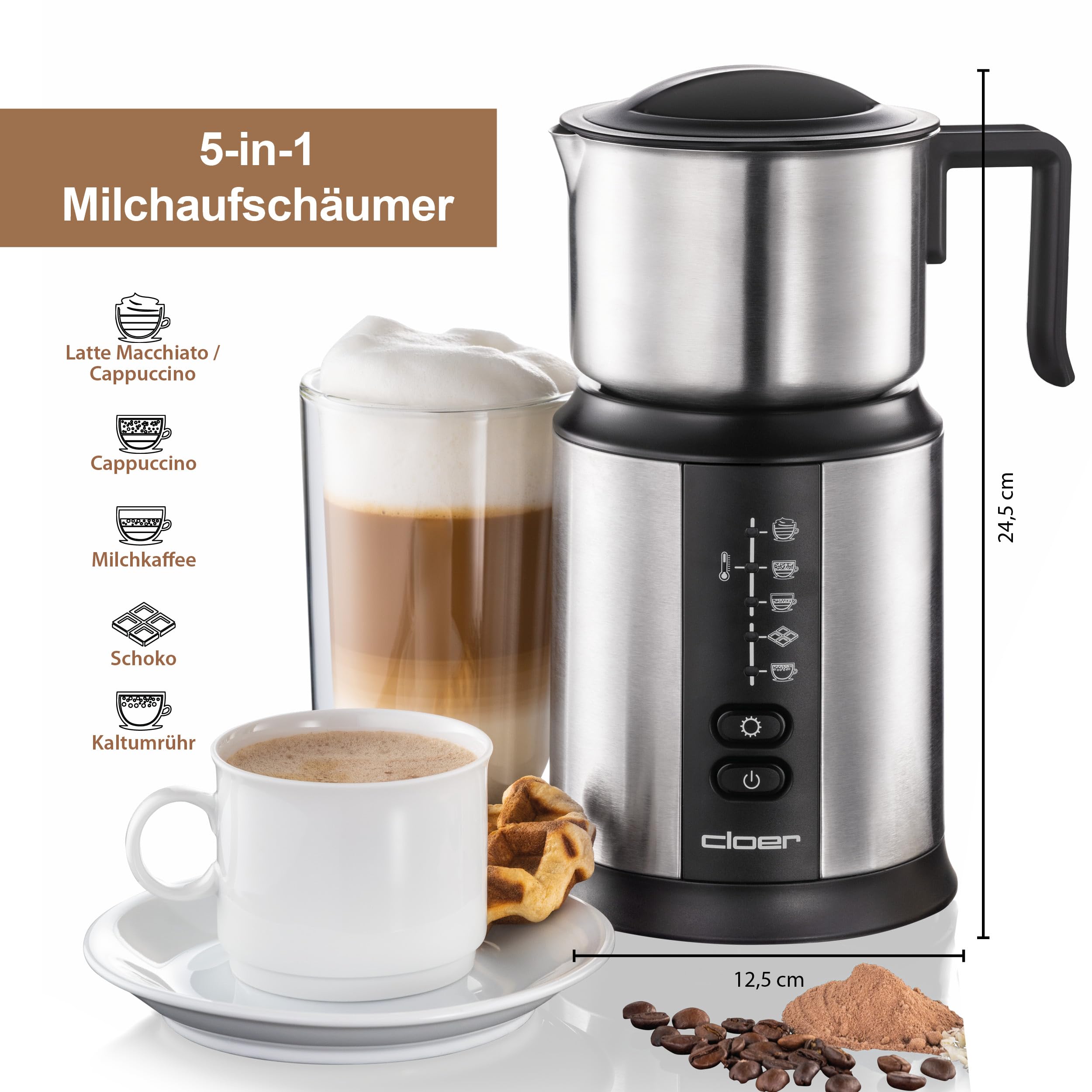 Cloer 7789 Mousseur à lait à induction XL800, mousse de lait 600 ml, chocolat chaud 500 ml, récipient 800 ml, commande électronique, 500 W, bobine de mousse magnétique, verseuse en acier inoxydable