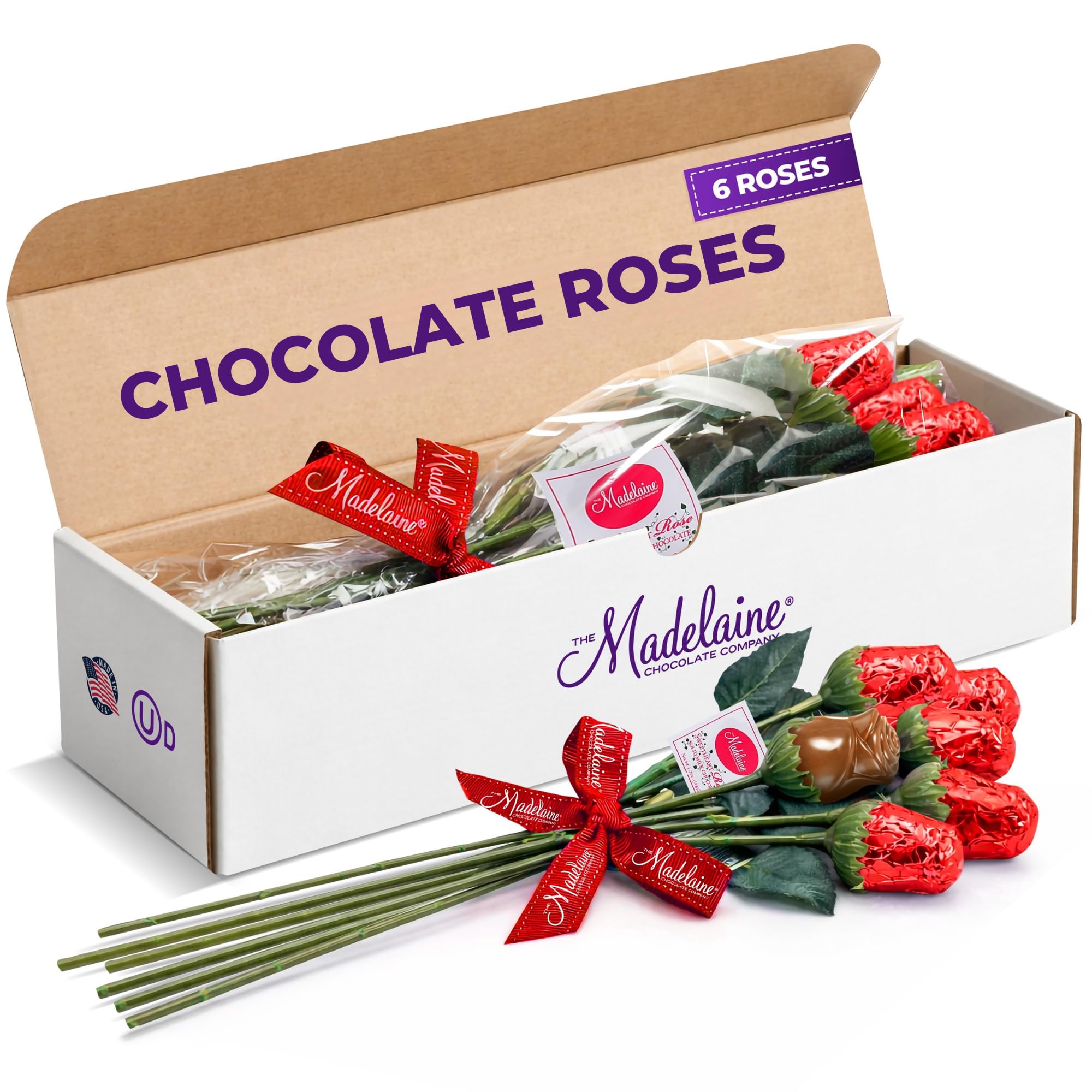 Madelaine Milk Chocolate Red Roses - Valentine’s Day Chocolate Roses Gift for Her & Him - Individually Wrapped Valentine Candy and Decorations - 6 Count