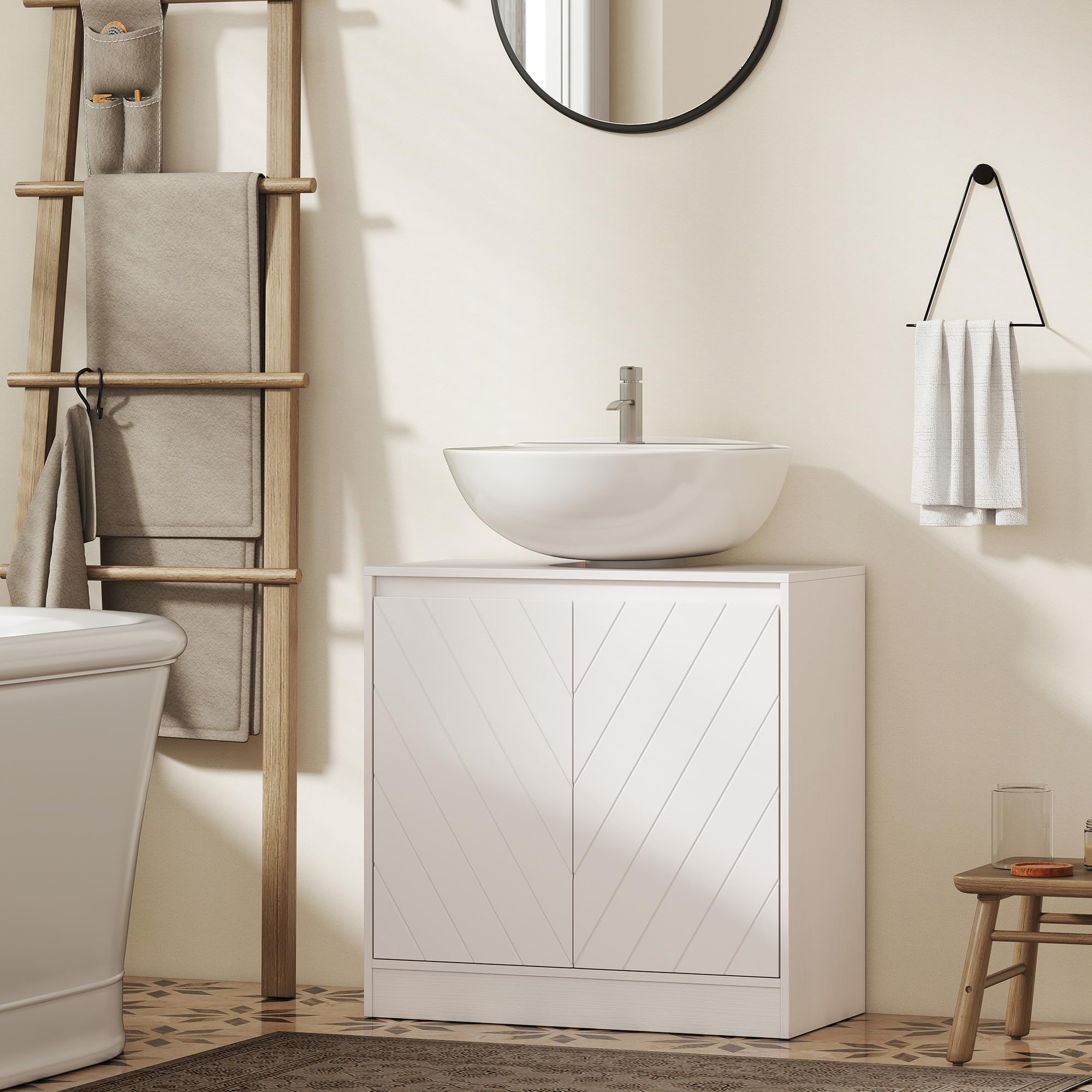 HOMCOM Mueble Bajo Lavabo, Mueble de Baño con 2 Puertas y Estante Ajustable, Armario de Baño para Lavabos con o sin Pedestal, Estilo Vintage, 60x30x59,8 cm, Blanco