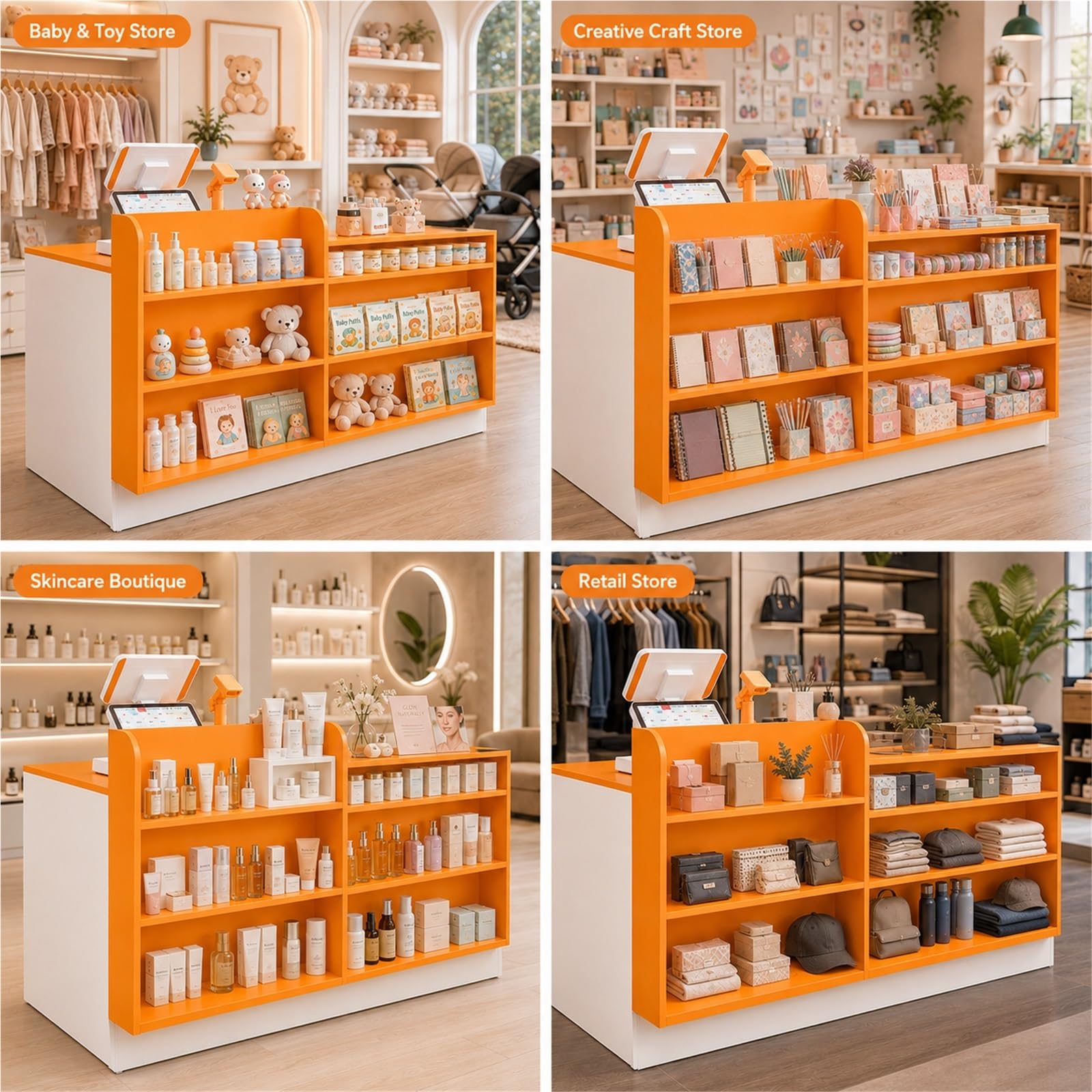 Mostrador de Recepción con Estantes y Almacenaje, Mostrador Caja para Tienda, Salón, Boutique, Librería, Comercio y Recepción Moderna Pro Comercial(White+Orange Right,80cm/31.5")