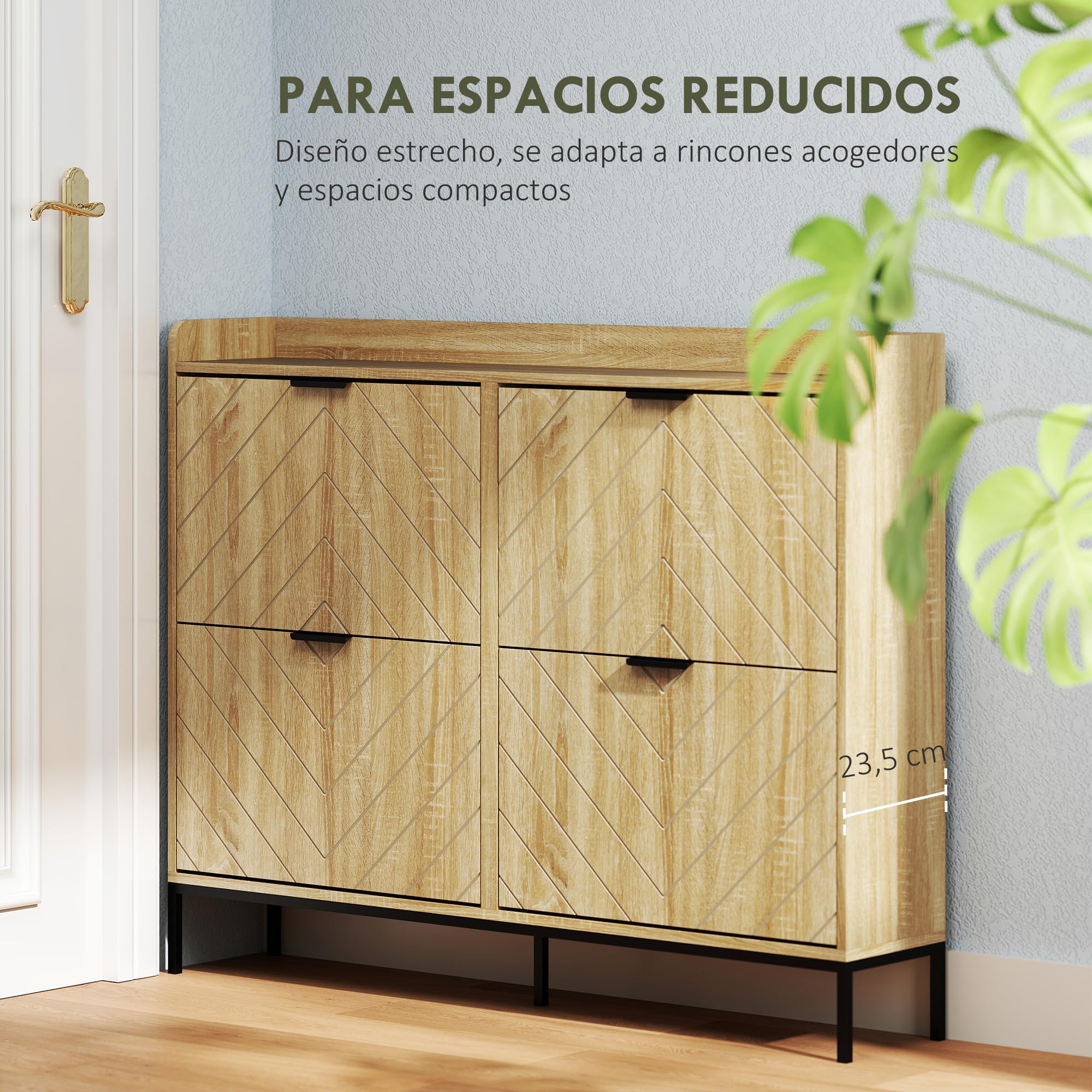 HOMCOM Zapatero Estrecho con 4 Puertas Zapatero Entrada Recibidor con Estantes Ajustables para 16 Pares de Zapatos 110x23,5x95,5 cm Roble