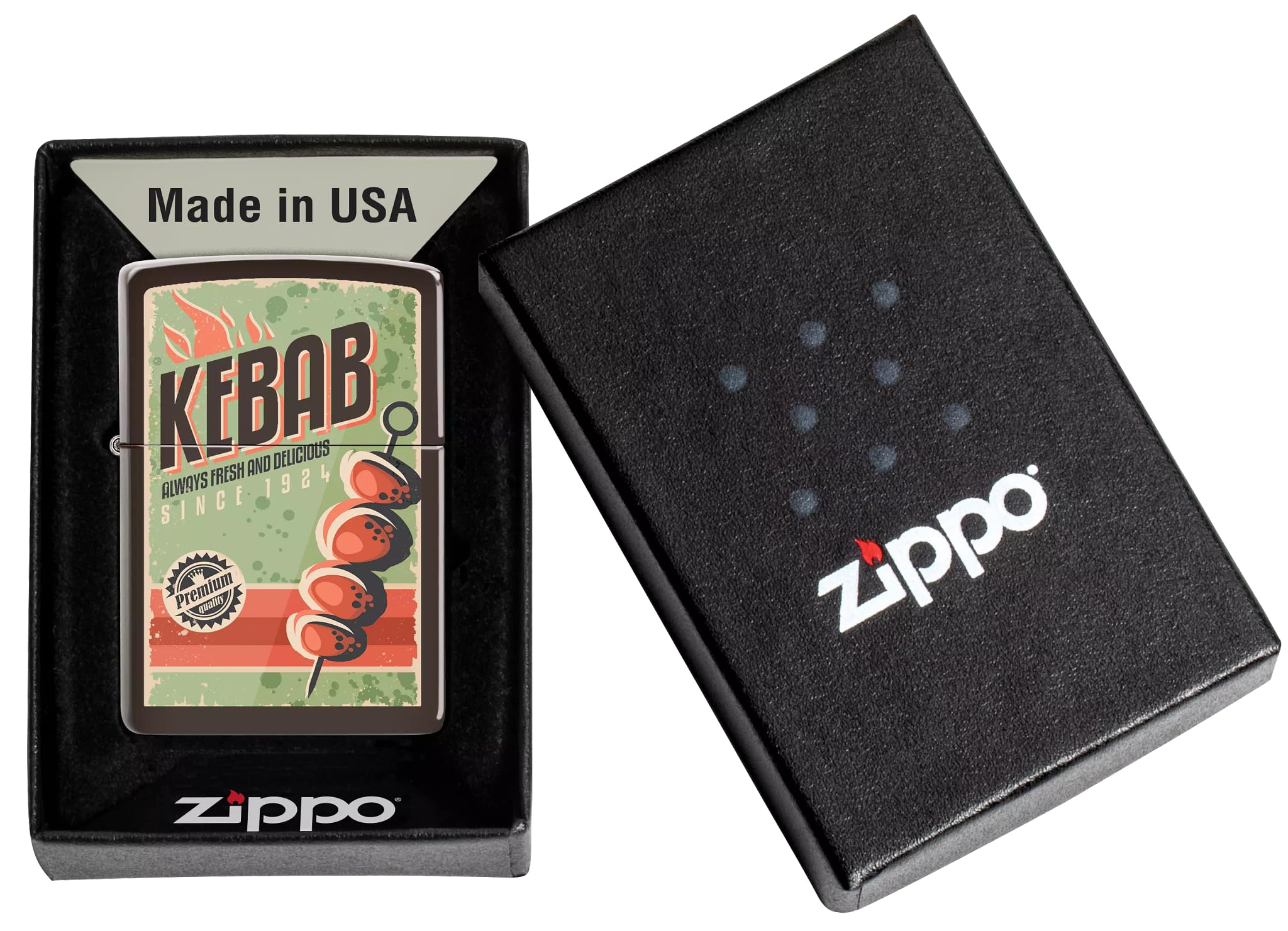 Zippo Kebab Zapalniczka Sztormowa, Kolorowy Nadruk, do Napełniania, Wielokrotnego Użytku, Wiatroodporna Konstrukcja, Pudełko na Prezent, Wykonano w USA, Kolor Brązowy