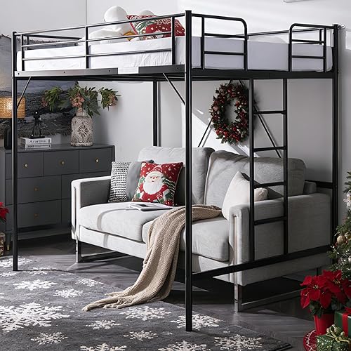 VINGLI Loft Bed Full Size with Flat Rungs for Adults, Kids and Young Teens, No Box Spring Required,Heavy Duty Metal Slat Support,Black