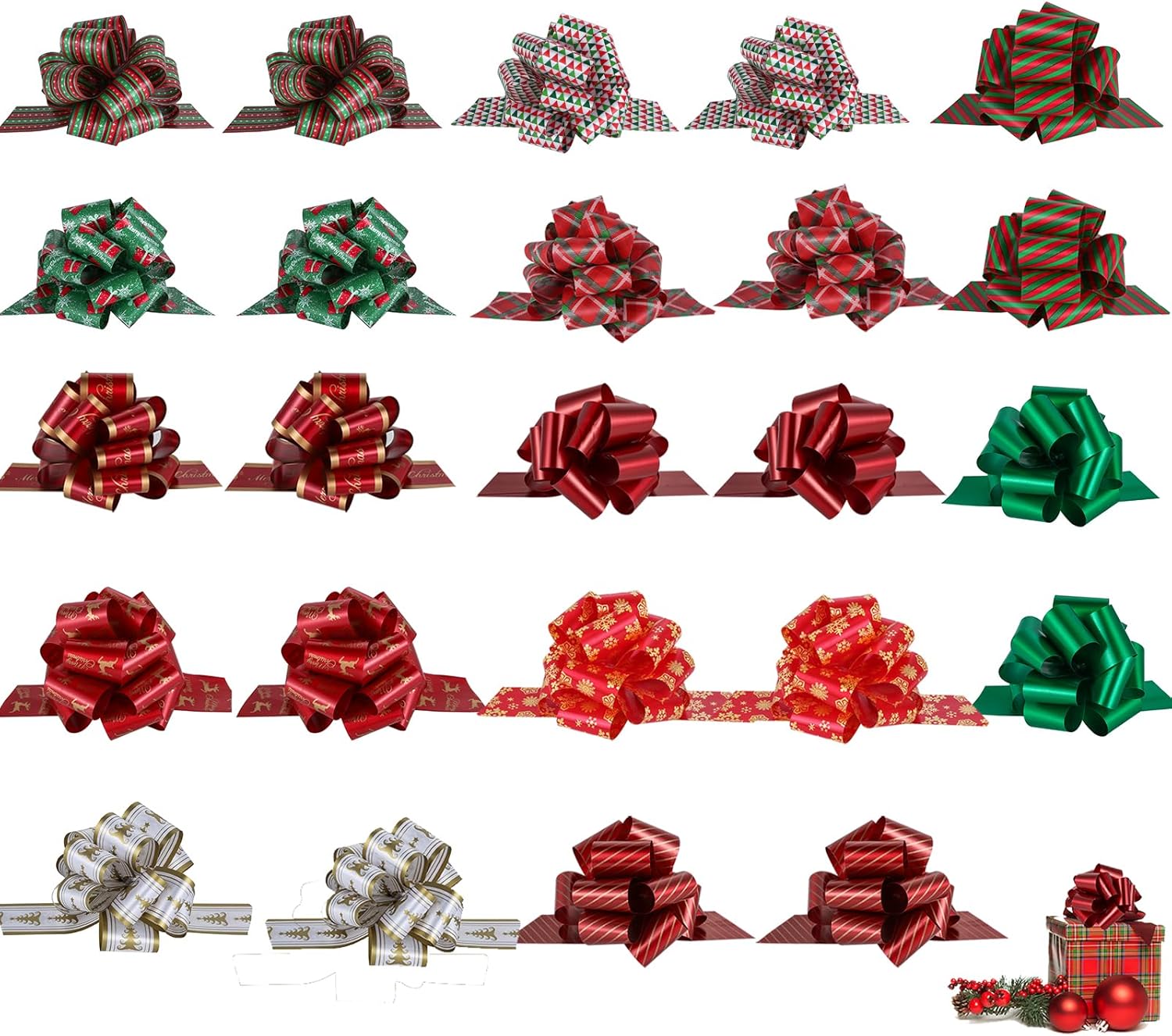 24PCS Christmas Bows for Gift Wrapping, 5” Xmas Pull Bows with Ribbon Wrap Accessory for Present, Florist, Bouquet, Hamper, Basket Decor, Easy to Assemble