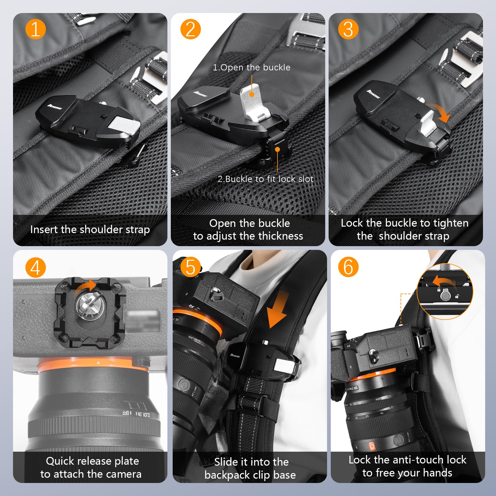 AMAZEAR Clip Correa Mochila Cámara DSLR: Operación a Una Mano Mejorada con Placa Liberación Rápida para Canon Nikon Sony Fuji Go-Pro Cámara Acción, Seguro Antiapertura, Negro