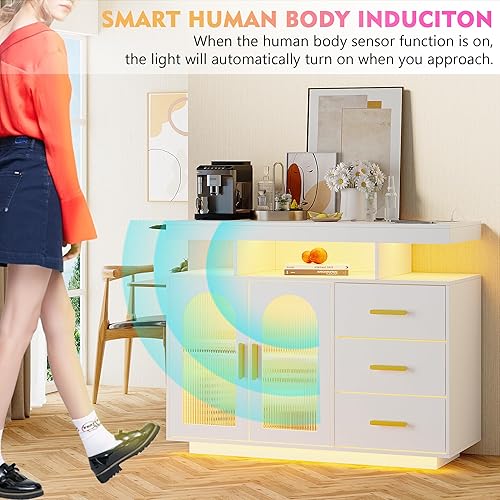 Miniatura 6 de Aparador buffet con estación de carga inalámbrica de 40 pulgadas, tablero lateral LED con 24 luces RGB regulables, gabinete de barra de café con 3