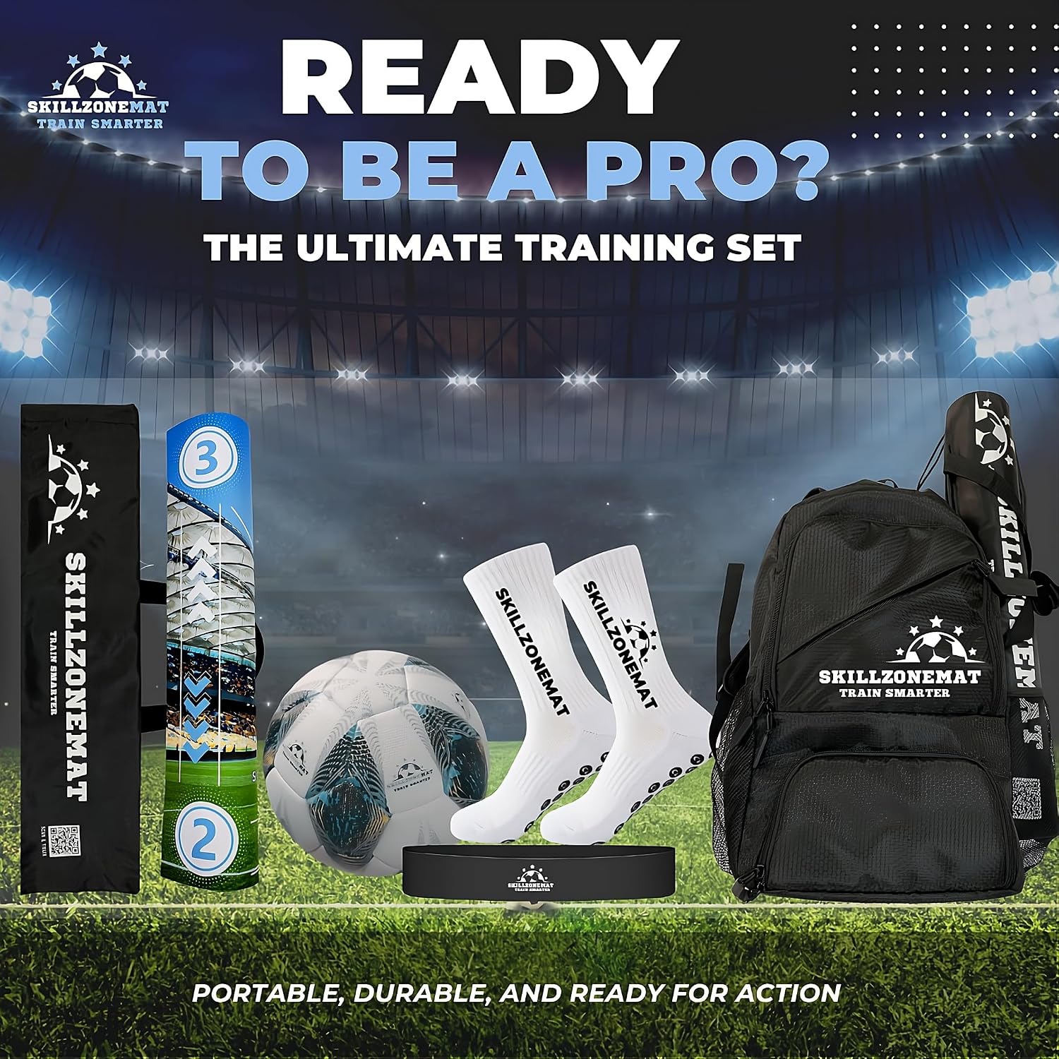 SkillZone Soccer Training Mat with Soccer Ball – Dribbling & Footwork Trainer | Indoor/Outdoor Soccer Training Kit with Interactive Video Hub, Grip Socks & Carry Bag | Control & Agility Practice