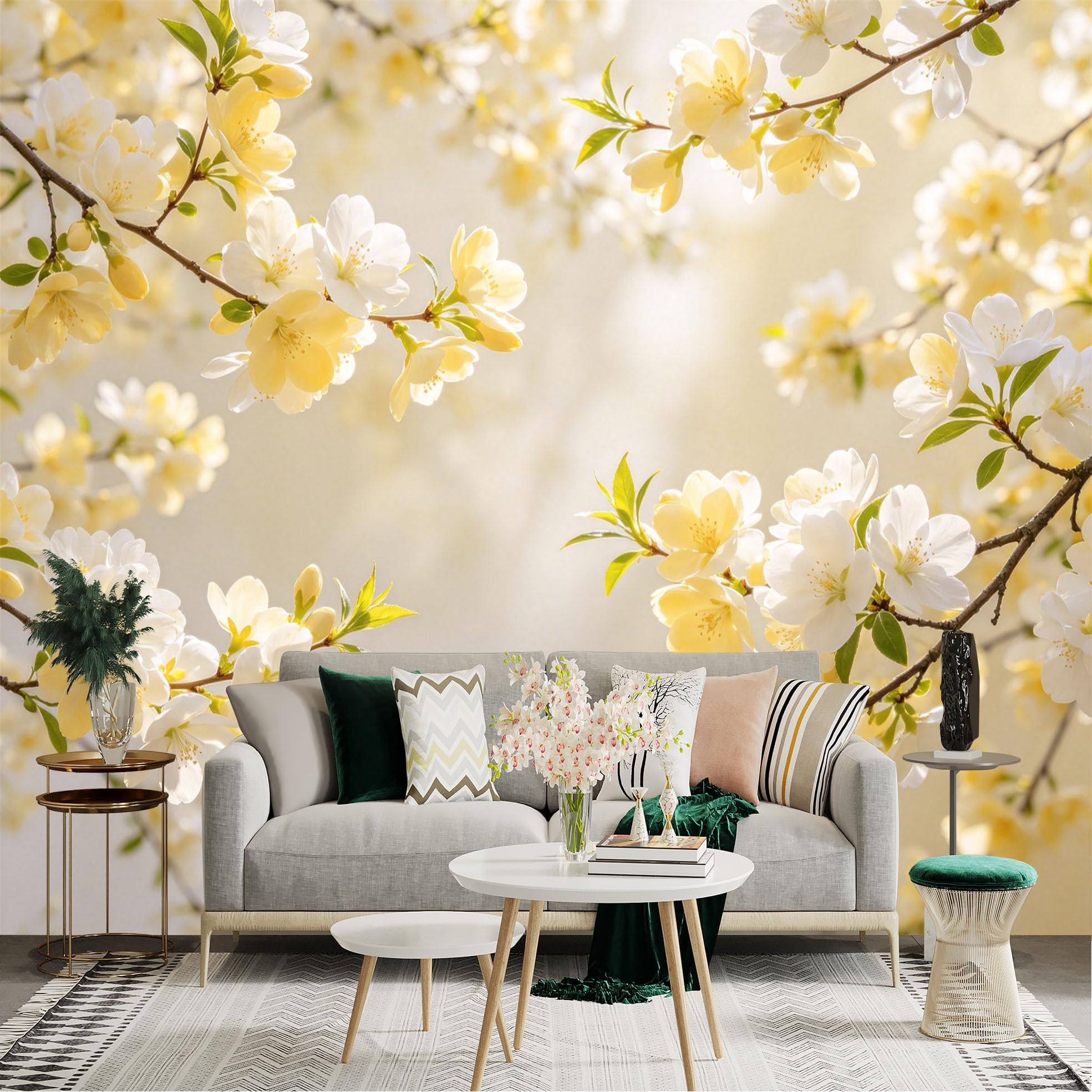Lnzczhyre Dbh260521214 Custom Size Wall Sticker Mural， Soft Yellow Cherry Blossom Branches， Elegant Spring Floral Decor， Blooming Light Petals， For Wall Decoration， Peelandstick Wall Decals.