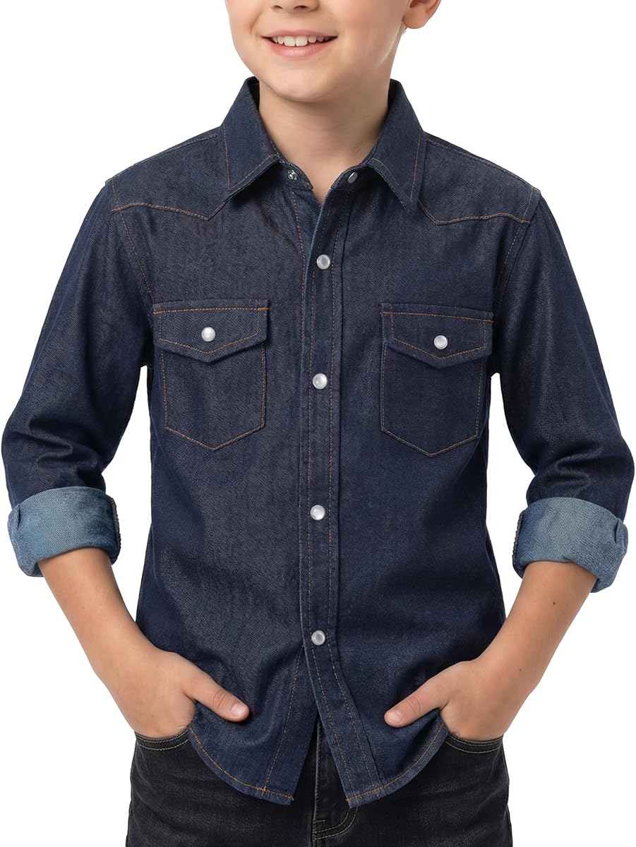Western Boys Denim Button Down Shirt Long Sleeve Pearl Snap with Two Flap Pockets (5-14 Years)