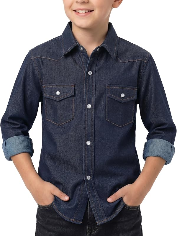 Western Boys Denim Button Down Shirt Long Sleeve Pearl Snap with Two Flap Pockets (5-14 Years)