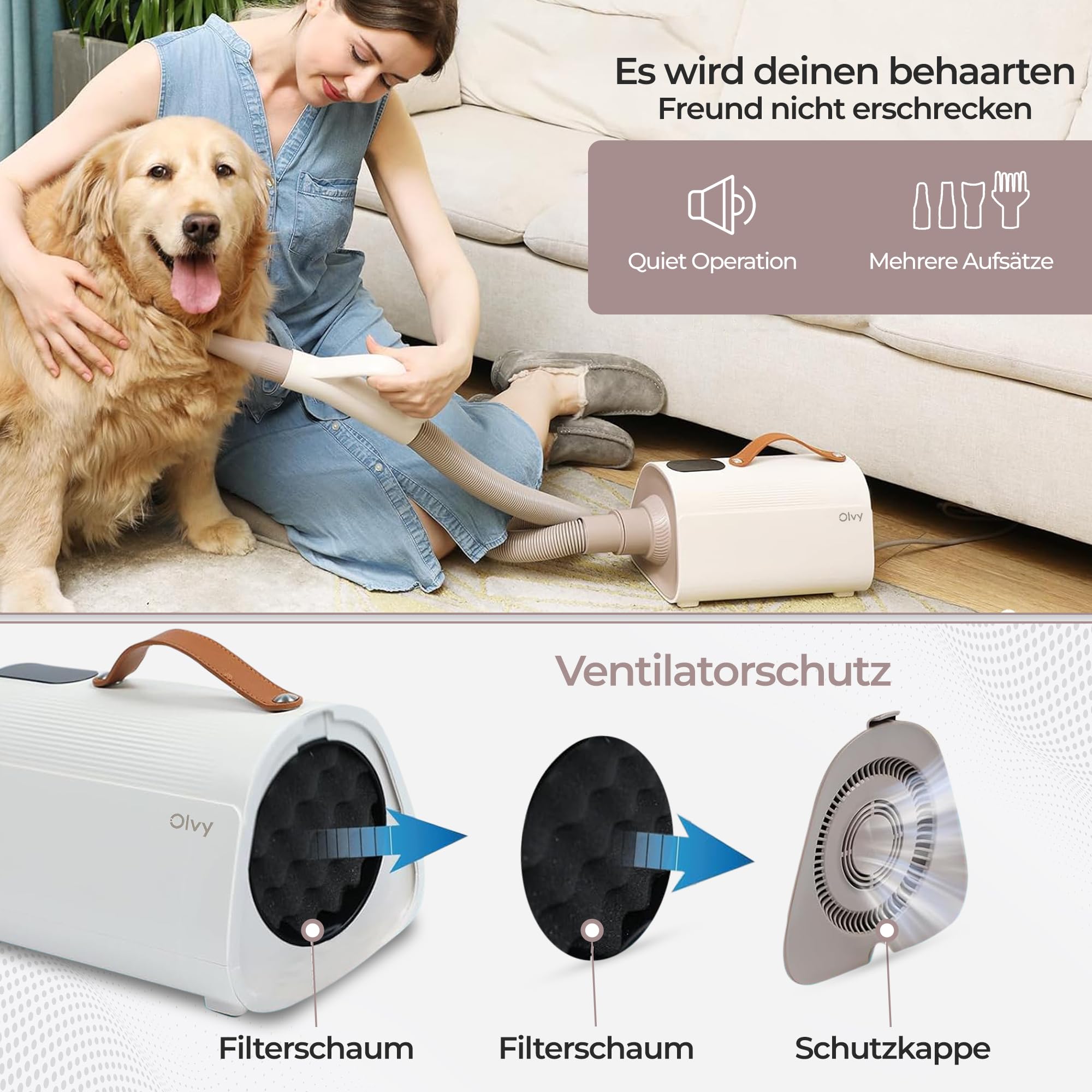 Olvy Hundefön Hundetrockner für Hundepflege Tierfön mit Einstellbarer Windgeschwindigkeit, Hundetrockner mit 4 Düsen, Hundepflege-Trockner-Gebläse