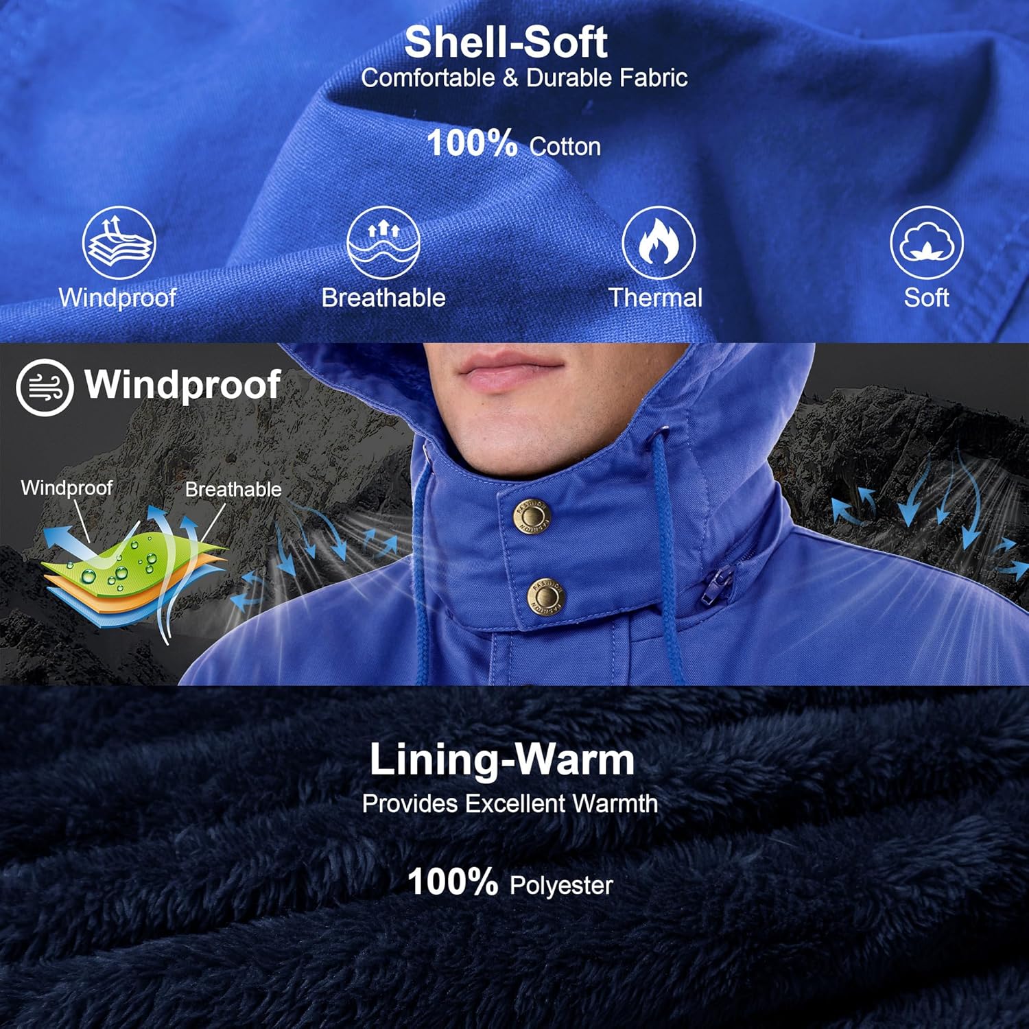 CHEXPEL Men's Thick Winter Jackets with Hood Fleece Lining Cotton Military Jackets Work Coats with Cargo Pockets Outwear - Image 4