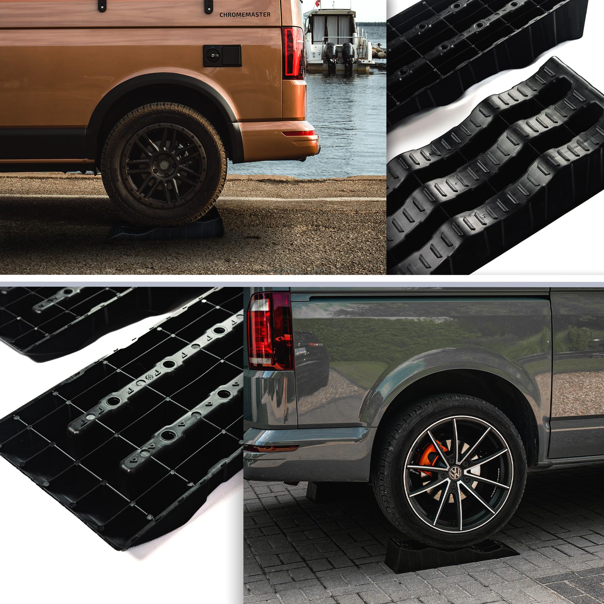CHROMEMASTER | Rampe per Case Mobili, Camper, Roulotte; Cunei Livellatori Camper; 2 Pezzi in Dotazione | Rampe Livellatrici per Auto; Portata Fino a 4 Tonnellate; Robusto Materiale Plastico
