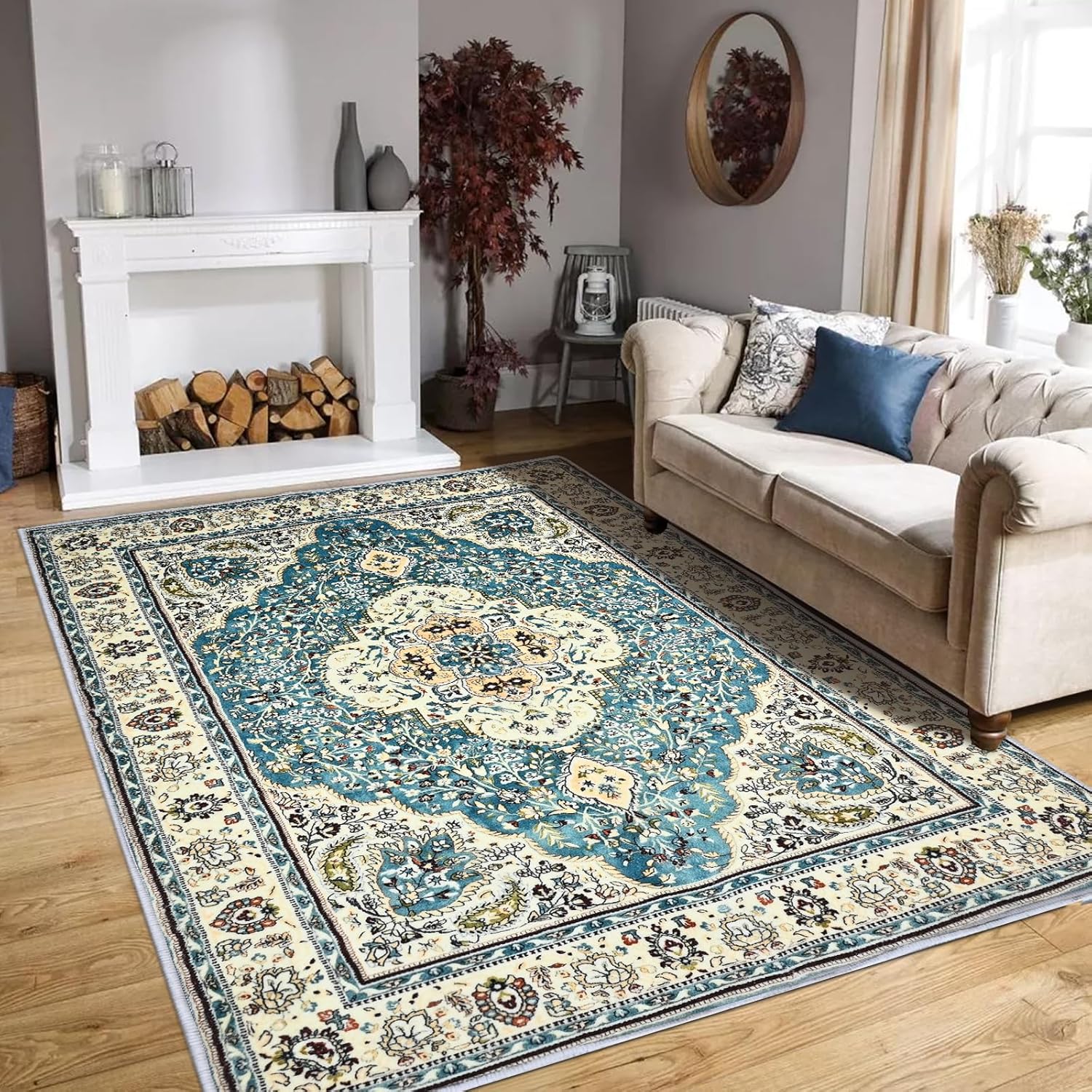 CRUGZ Boho Washable 5x7 Feet Area Rug, Ultra Soft Faux Wool Area Rugs Non-Slip Backing for Bedroom Living Room, Vintage Low Pile Room Decor Carpet (Blue/Cream, 5'x7')