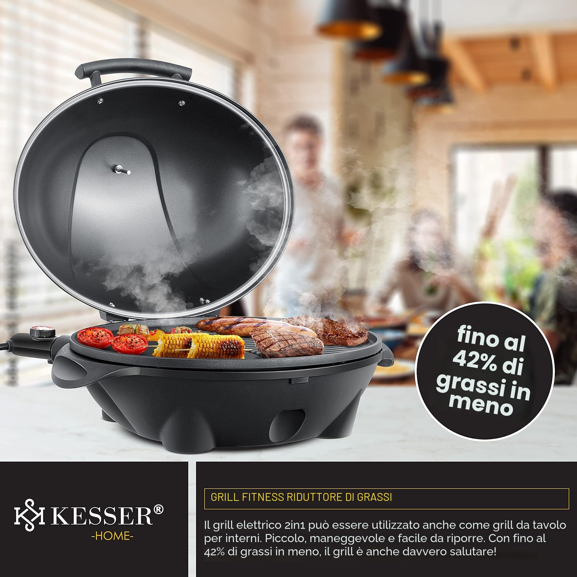 KESSER® Barbecue elettrico 2in1, grill da tavolo con supporto per coperchio | termometro max. 2400 watt | rivestimento antiaderente | piastra XXL | ripiano integrato grill elettrico - Inkl. Set