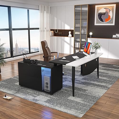 Escritorio en forma de L con archivador y toma de corriente, escritorios de esquina grandes de 55 pulgadas con tira de luz LED, escritorio para