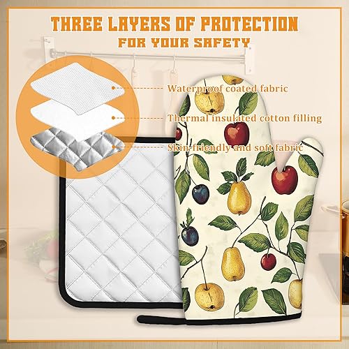 Miniatura 3 de Juego de guantes retro para horno y soportes para ollas, guantes de horno de cocina de cereza y soporte para ollas con resistente al calor,