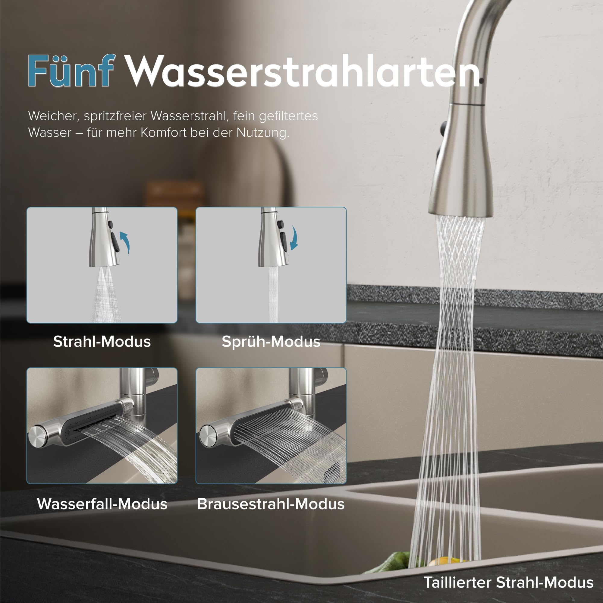 doporro Wasserhahn Küche Hochdruck, Küchenarmatur ausziehbar mit Brause | Spültischarmatur Küche aus Edelstahl, Armatur Küche 360 Grad schwenkbar, 5 Strahlarten, Mischbatterie Turnix-03