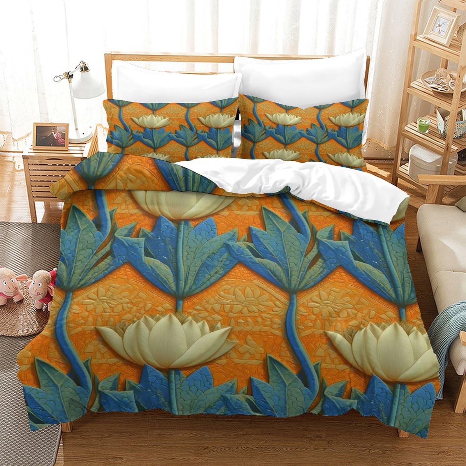 LIAOHENKAN Floral Ornament Egyptian Style 3Pcs Comforter Set Full Size Kids Boys Girls Decor Comforter Set Duvet Set Quilt Set Ultra Soft Room Decor Bedclothes with Zipper Closure Single（140x200cm）