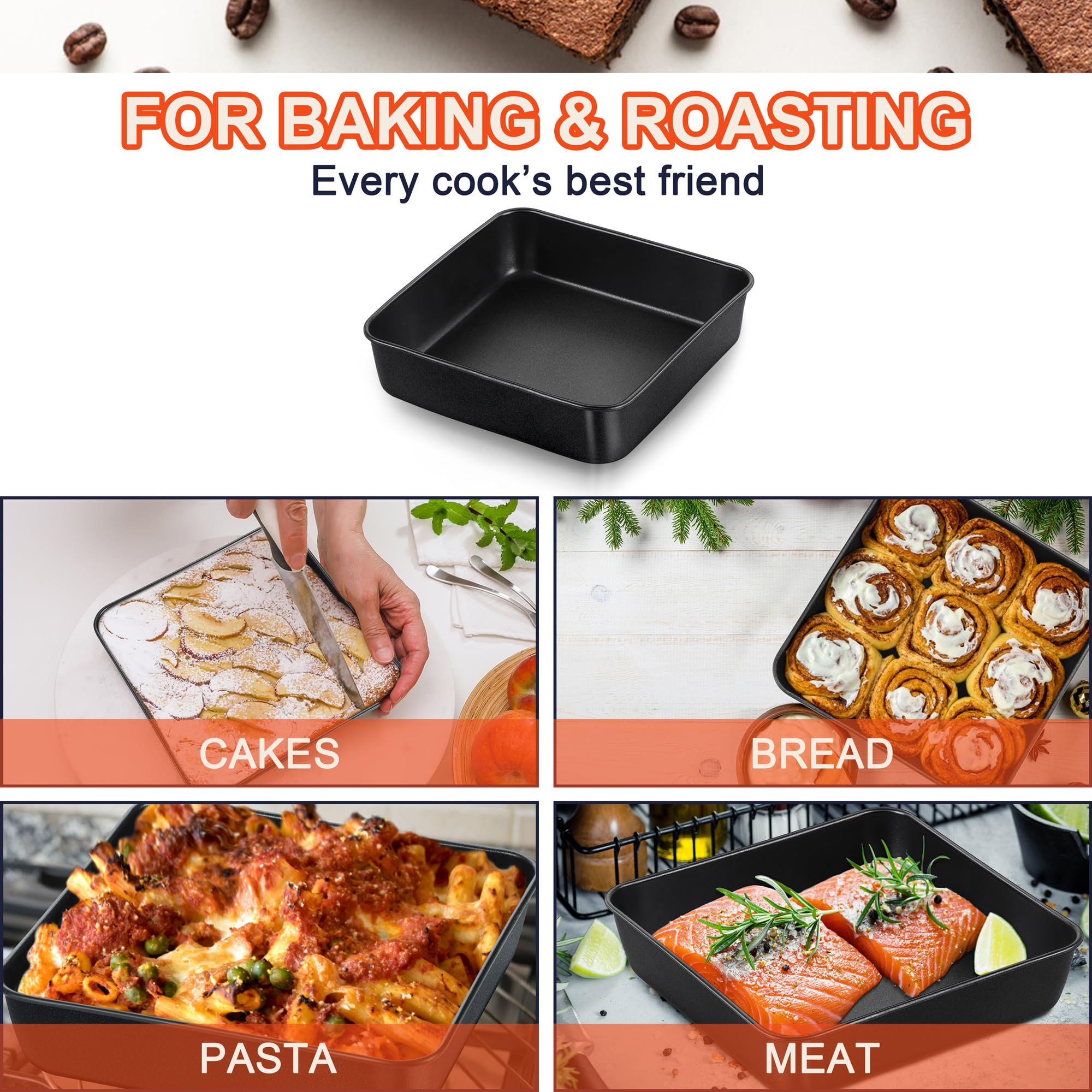 Joyfair Moule à gâteau carré de 20 cm en acier inoxydable anti-adhésif avec couvercle, idéal pour rôtir et stocker des brownies, lasagnes, fruits et restes, facile à démouler et à nettoyer, noir