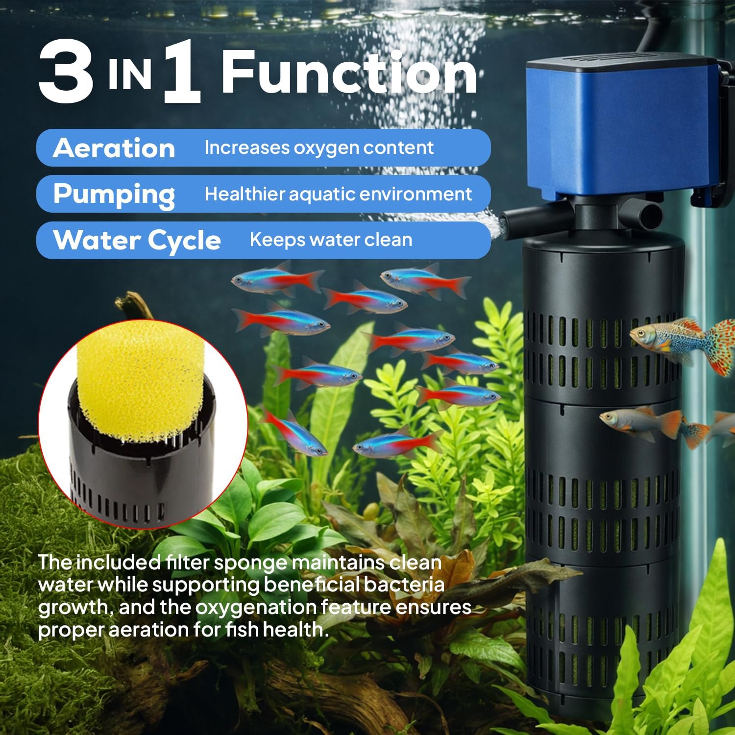 Aqua Dream 475 GPH Internal Aquarium Filter 3 in 1 Submersible Powerhead Pump with High-Volume Air Oxygenation & Sponge Filtration, 25W Adjustable Flow Water Cycling Pump for Large Fish Tanks - 1 Pc