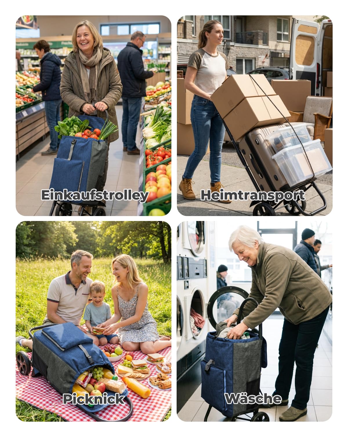Homecall Einkaufstrolley Klappbar Einkaufswagen mit 55L + 5L kühlfunktion Bis 50KG, Einkaufstasche mit Rollen 3 in 1 Shopping Trolley & Sackkarre & Rucksack (Blau & Grau)