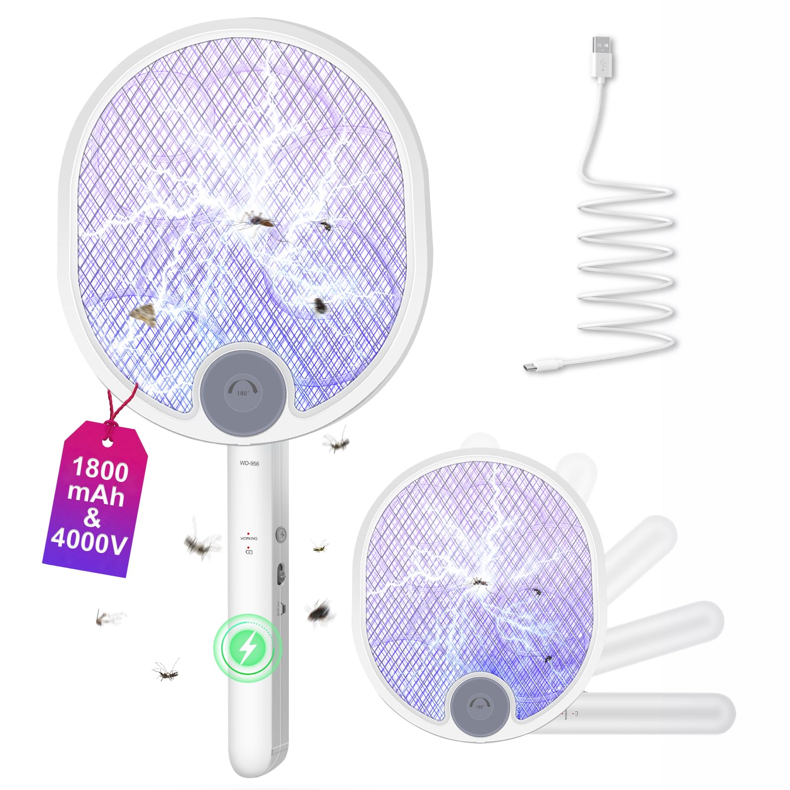 WOCVRYY Elektrische Fliegenklatsche 4000V 1800mAh 3 in 1 Automatische Fliegenklatsche Type C wiederaufladbare LED mit Sicherheitsnetz,geeignet für den Innen und Außenbereich
