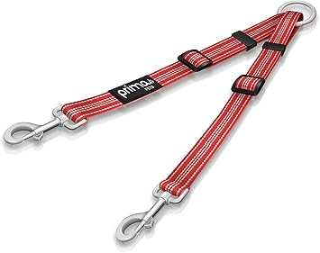No Tangle Reflective Dog Leash Coupler - Double Dog Walker and Trainer Leash - Two Dogs Adjustable Splitter Lead - Each Side Adjusts 11" to 20" in Length (Medium - 3/4" Width, RED)